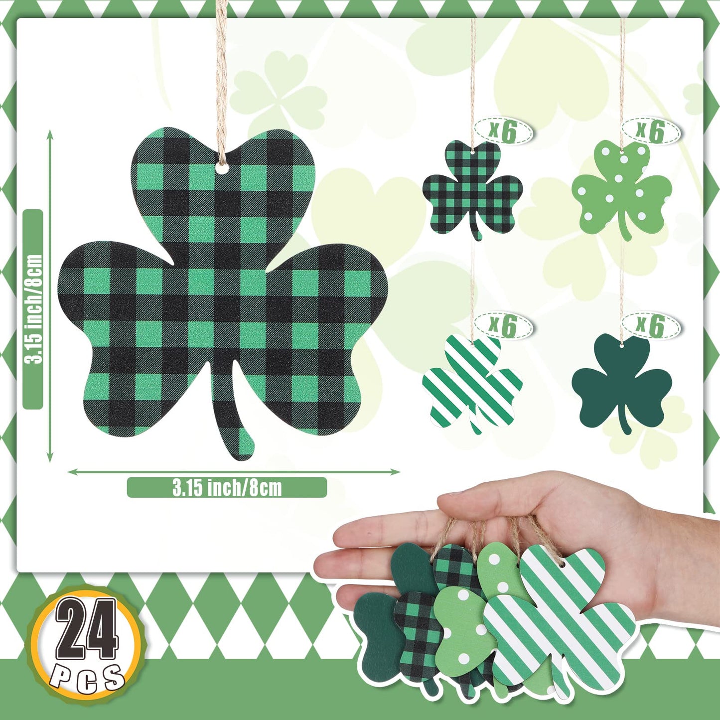 24 Pcs St Patricks Day Decorations Shamrocks Wooden Ornaments Wooden Shamrocks Clover Ornament Shamrock Wooden Cutouts Hanging Ornament with Rope for St Patrick's Day Tree Table Decor (Simple Style)
