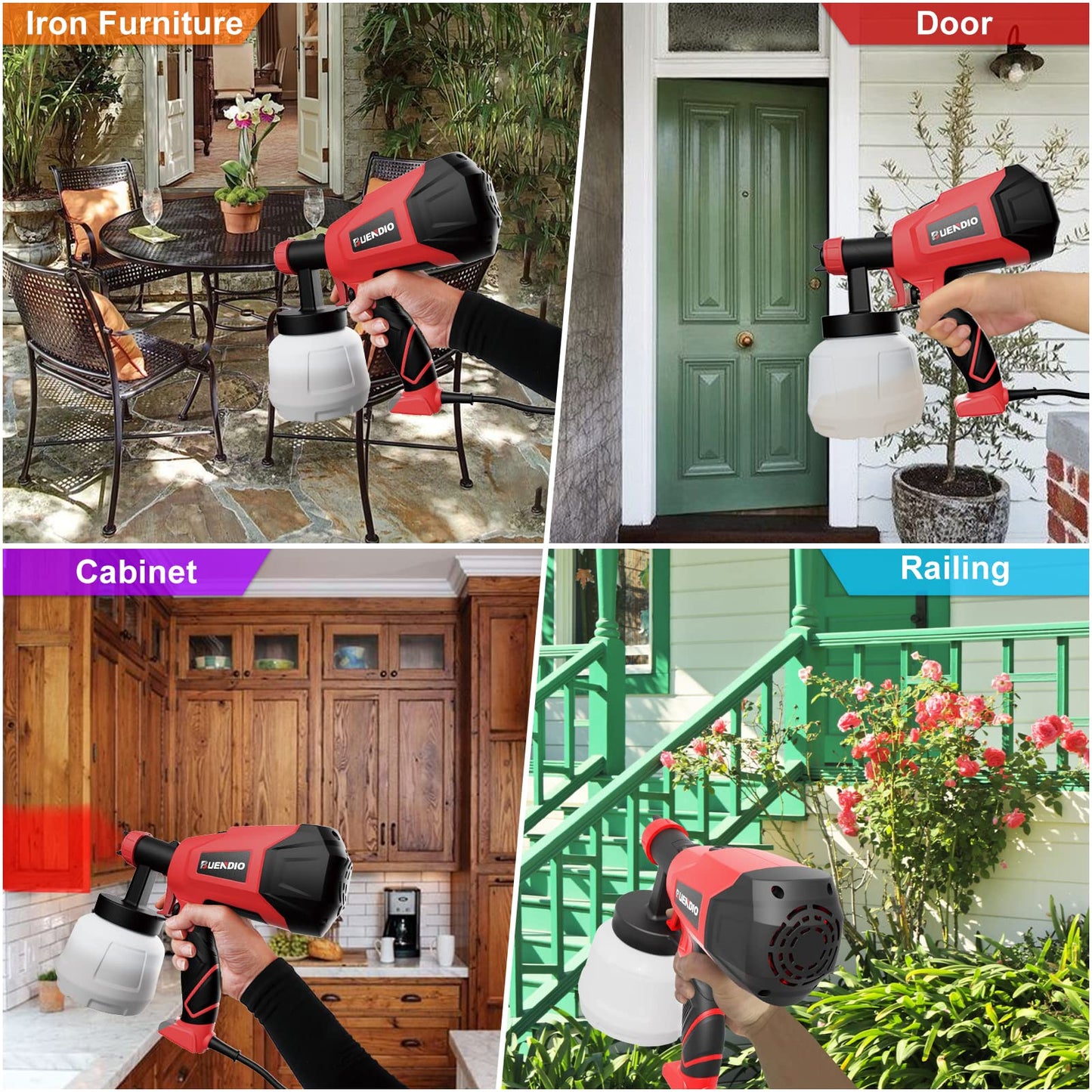 BUENDIO Paint Sprayer, 700W High Power, 5 Copper Nozzles & 3 Patterns, Easy to Clean, HVLP Spray Gun for Furniture, Cabinets, Fence, Garden Chairs, Walls, DIY Works etc. TPX01 Red