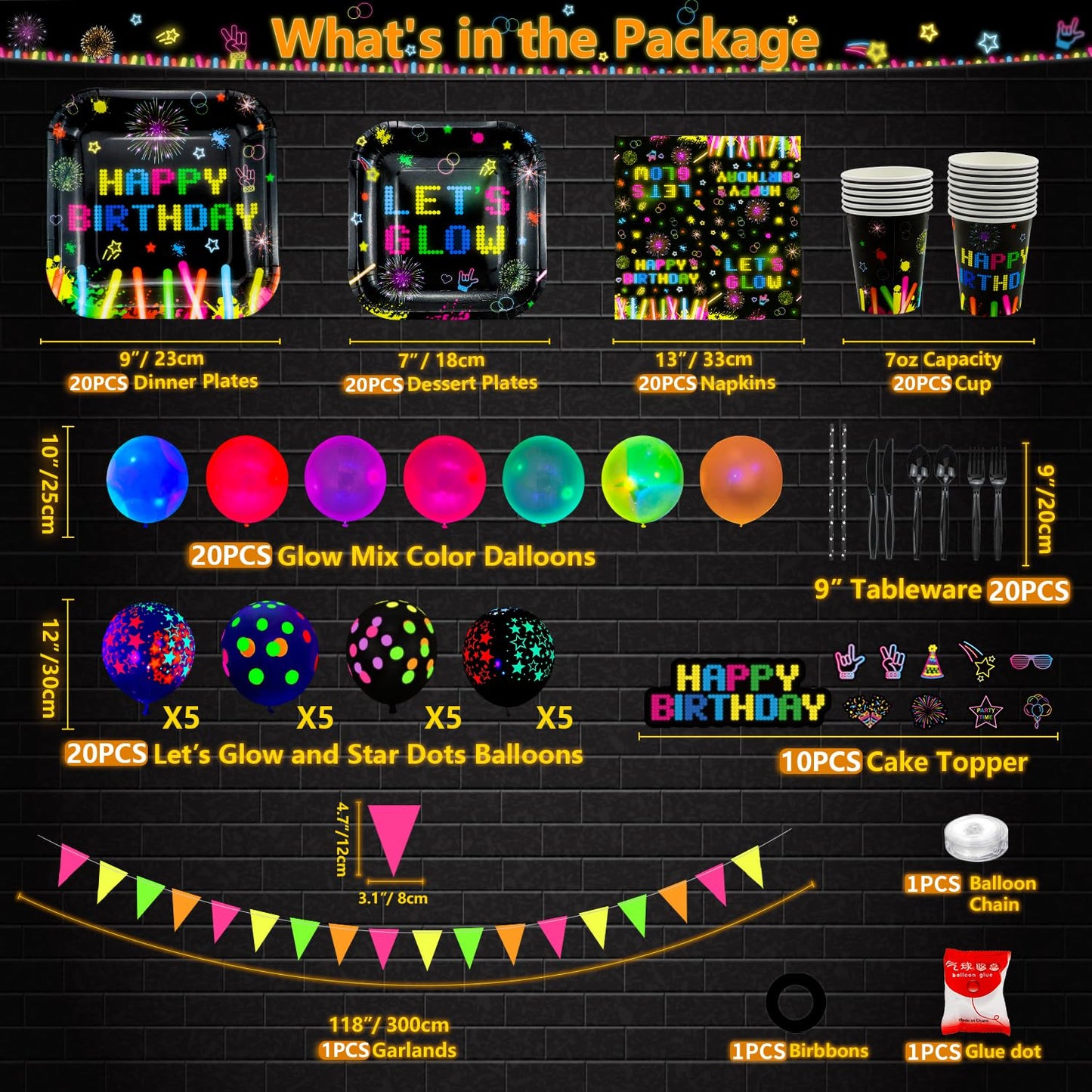 Glow Neon Party Supplies Neon Glow Plate Set Neon Balloon Glow in the Dark Happy Birthday Backdrop Glow Birthday Blacklight Party Decoration Neon Glow Birthday Tableware Serves 20