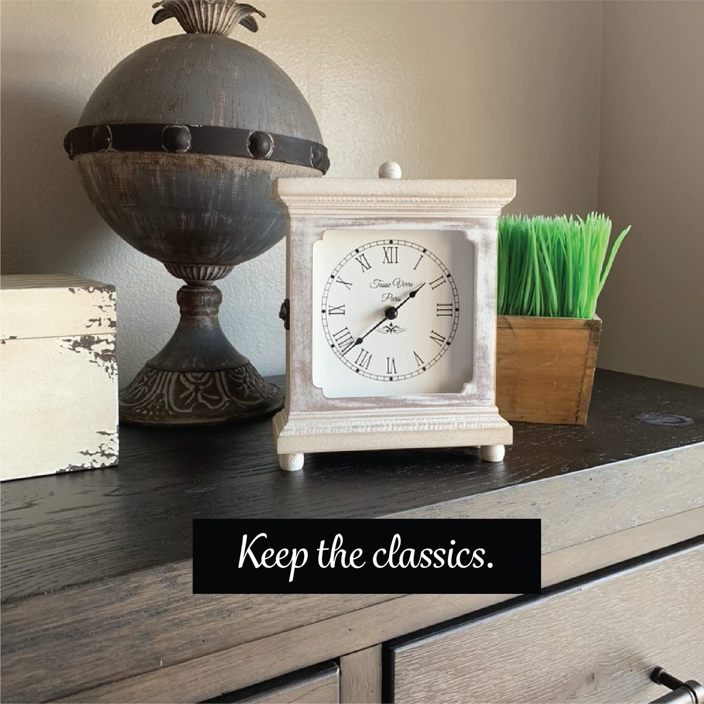 Tasse Verre Rustic Shelf Clock (Quiet) for Living Room Mantel, Table, Or Desk 9" X 7" Farmhouse Decor Distressed White Washed Wood Silent - Office Fireplace. AA Battery Operated Non-Digital, Tan
