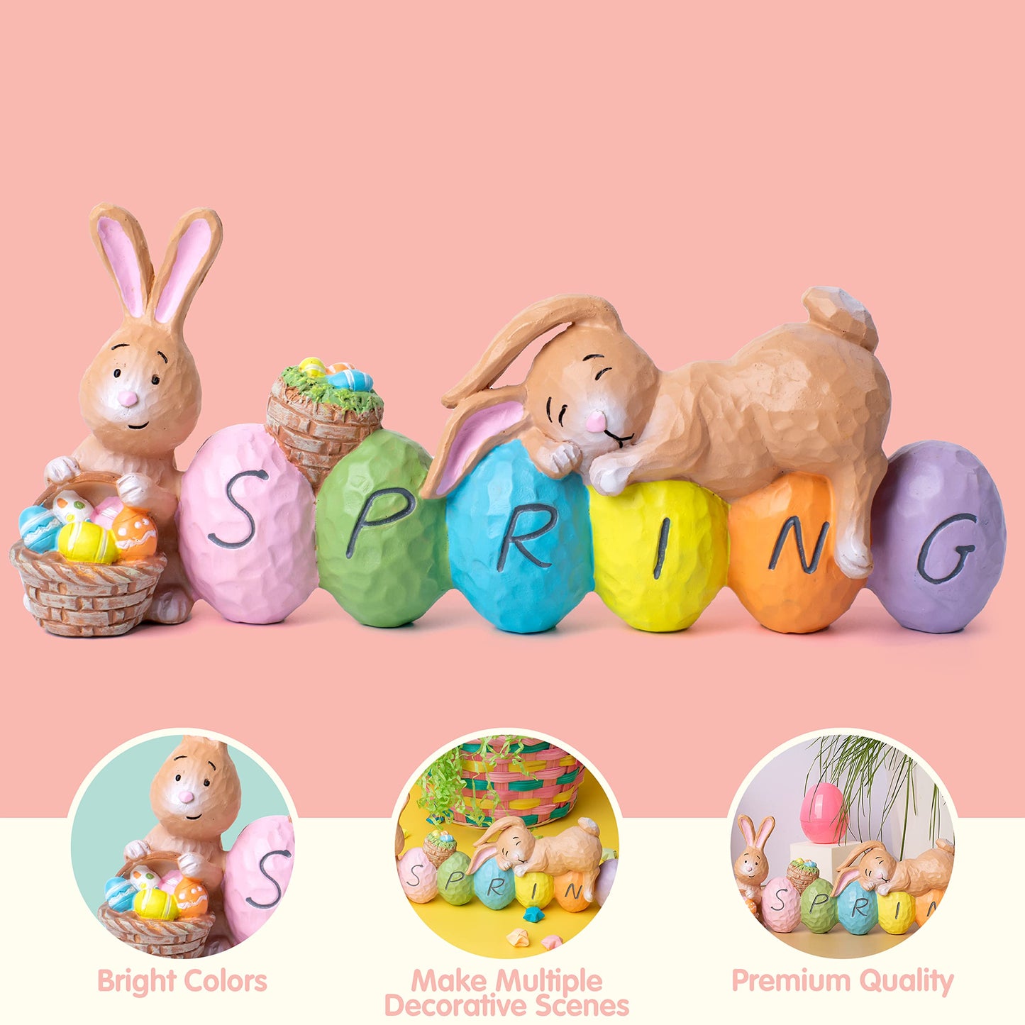 JOYIN Easter Bunny Resin Centerpiece Indoor Decoration with The Word Spring Tabletop & Egg Easter Figuring for Home and Office Decor