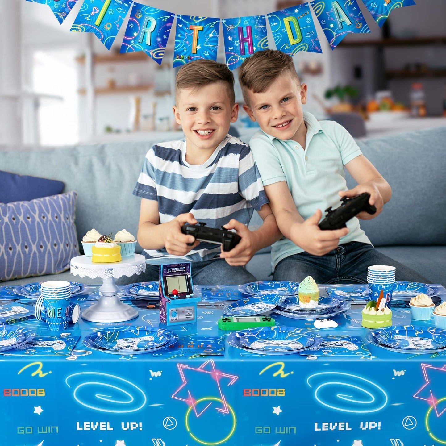 Video Game Party Supplies Set - 88 PCS Gamer Birthday Party Decorations for Kids Boys Family Gaming Night Tableware Set Happy Birthday Banner Tablecloth Plates Napkins Cups Balloons Serves 16 Guests