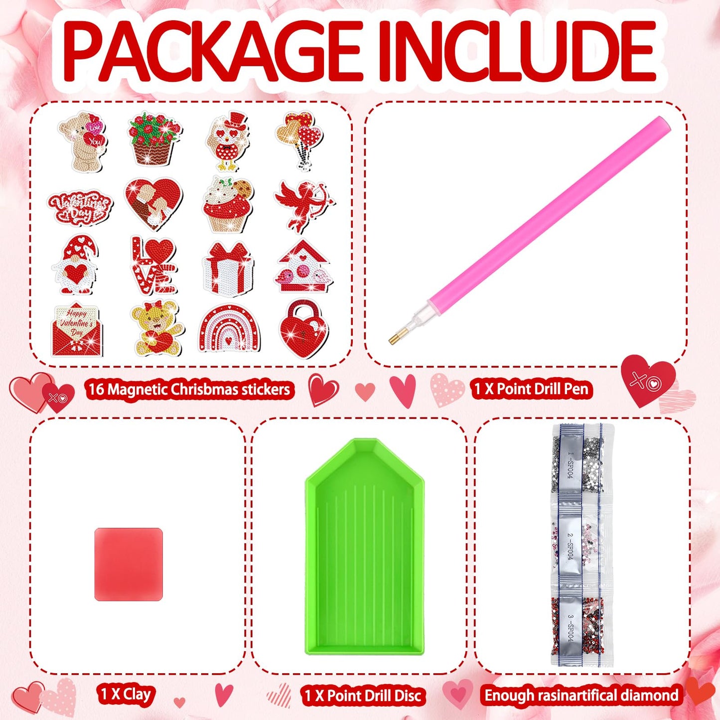 Umigy 16 Pcs Valentine's Day Diamond Painting Magnets for Refrigerator Heart Love Gnome Diamond Art Magnets DIY Red Valentines Day Diamond Painting Kits Diamond Art for Adults Kids Crafts Gifts