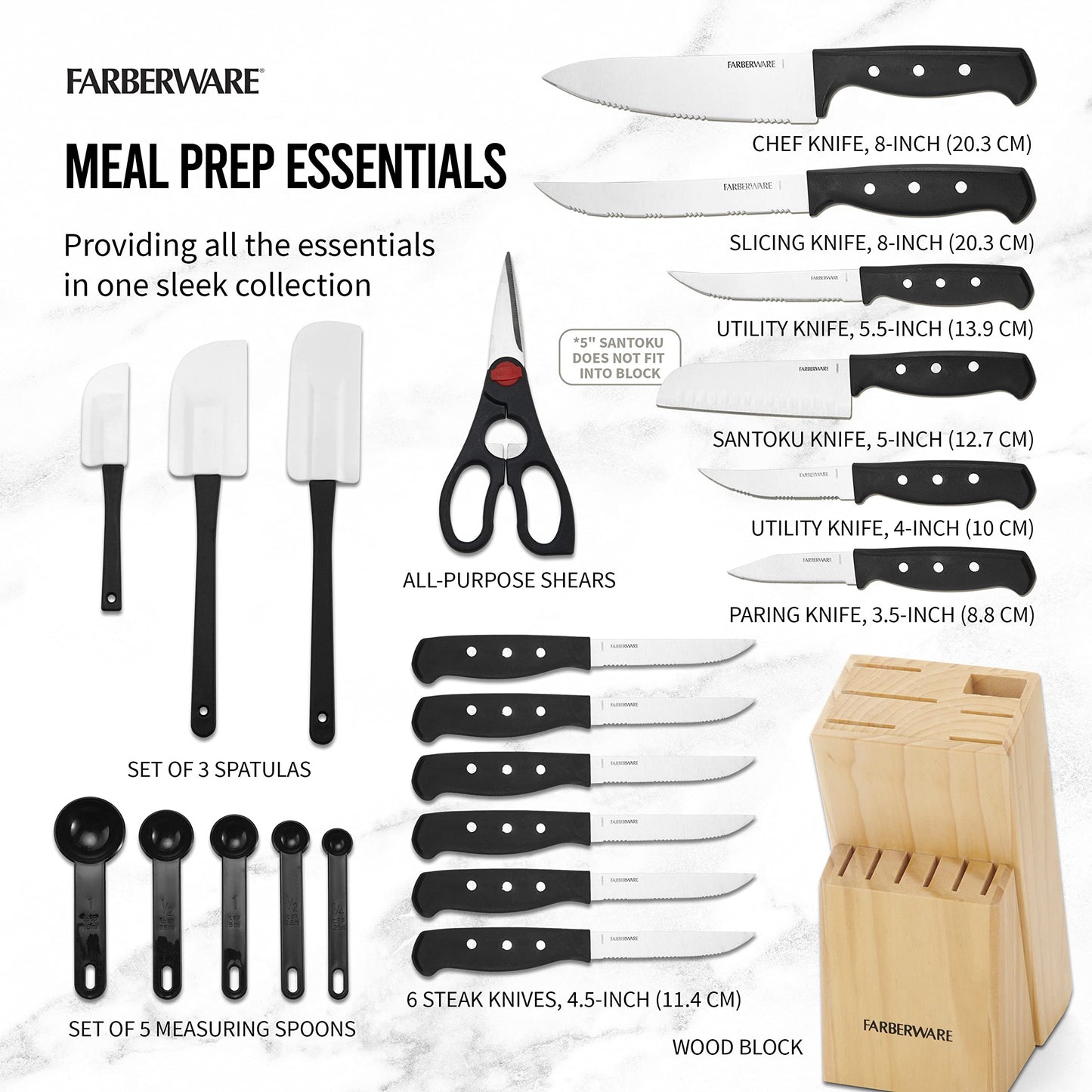 Farberware 22-Piece Never Needs Sharpening Triple Rivet High-Carbon Stainless Steel Knife Block and Kitchen Tool Set, Black