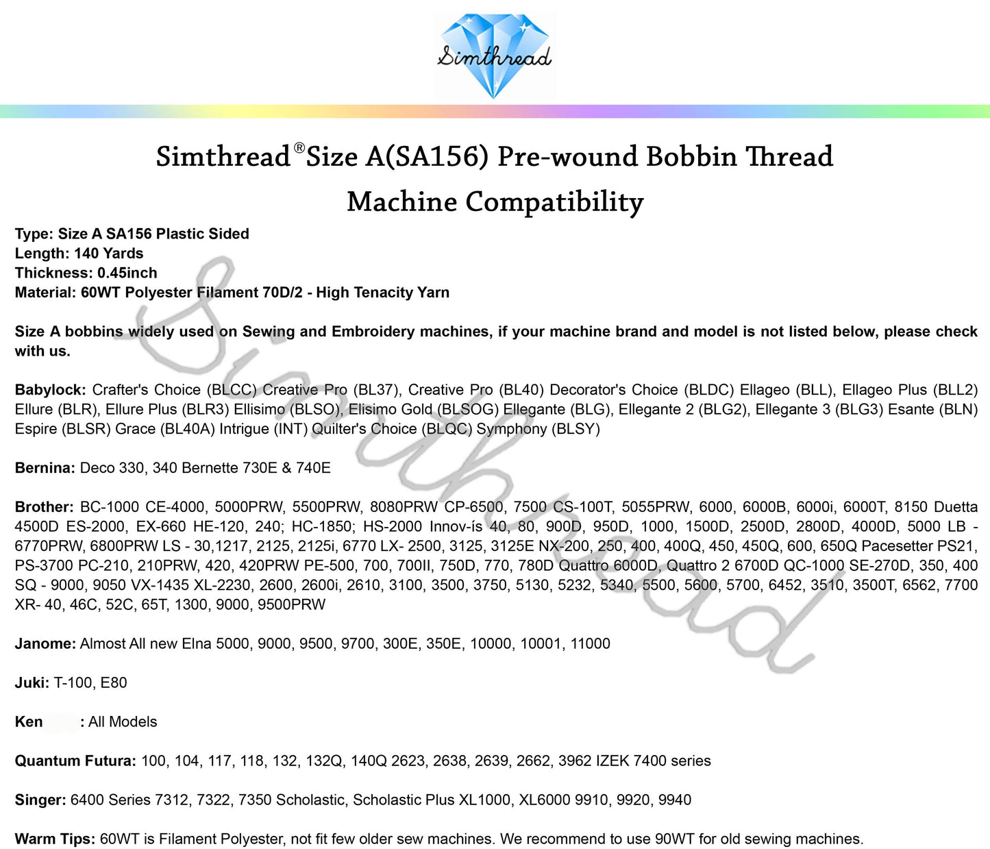 Simthread 144pcs Embroidery Pre-Wound Bobbins Thread, Class 15 Type A Size SA156, Polyester White 60 wt, Bernina Pfaff Ambition BabyLock Brother Embroidery and Sewing Machines Plastic Side