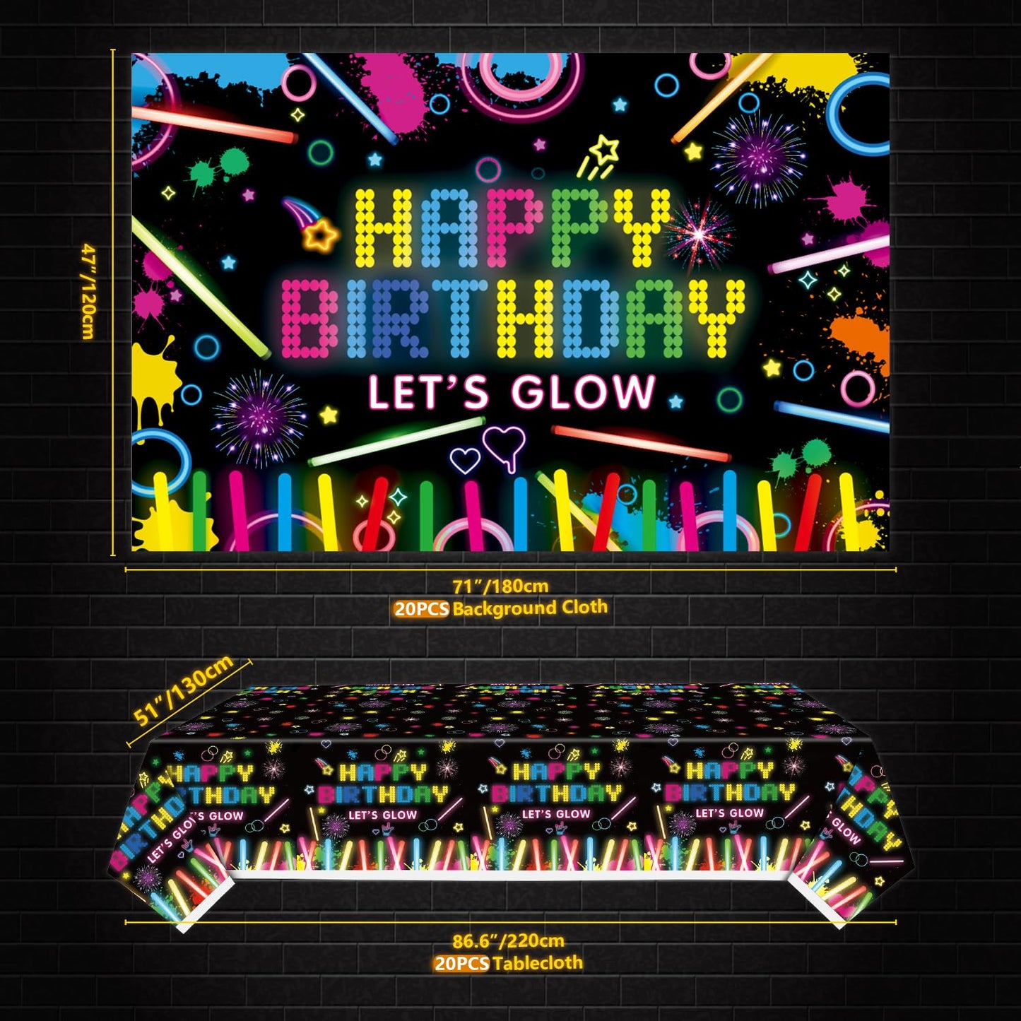 Glow Neon Party Supplies Neon Glow Plate Set Neon Balloon Glow in the Dark Happy Birthday Backdrop Glow Birthday Blacklight Party Decoration Neon Glow Birthday Tableware Serves 20
