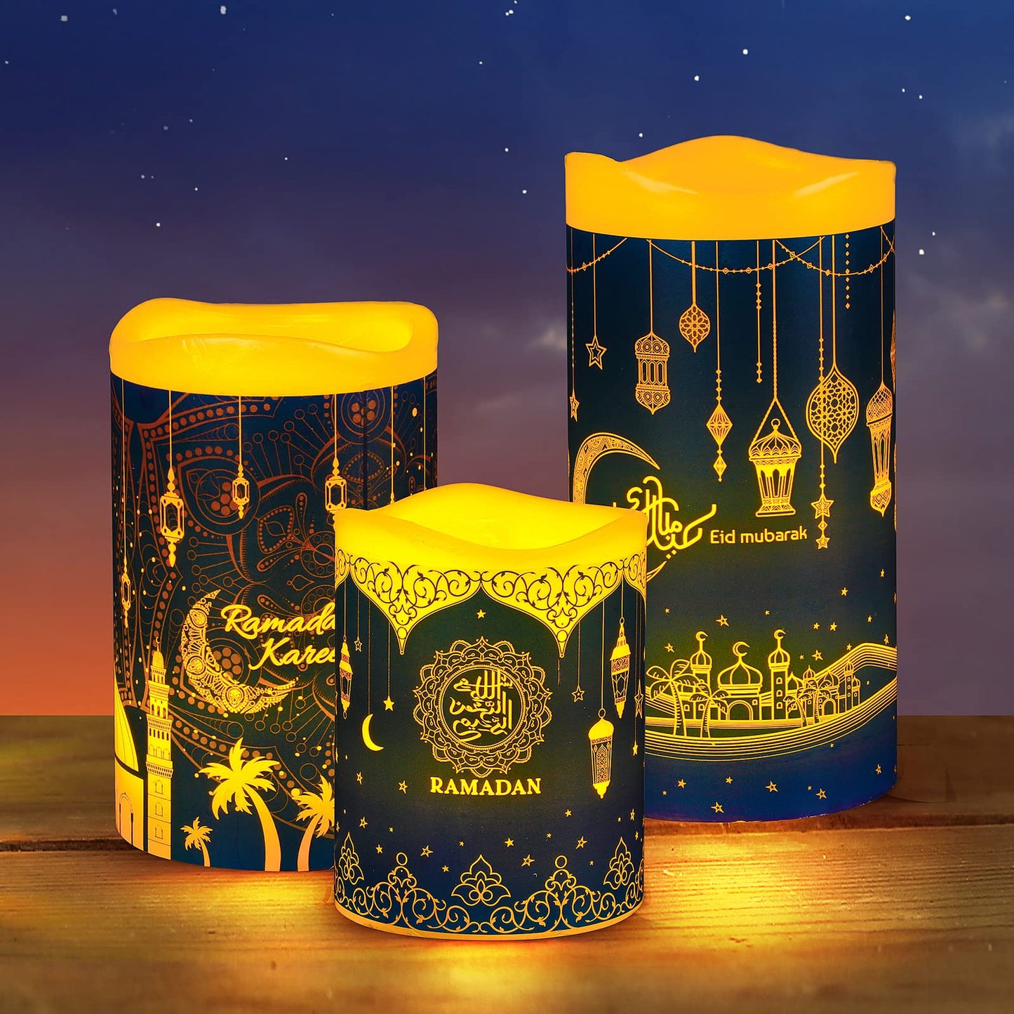 3 Pieces Eid Mubarak Flameless LED Candles Lights Eid Decor Candle Lights with Timer Warm White Battery Operated Electric Led Muslim Ramadan Candle Lights for Party Supplies Home Decor