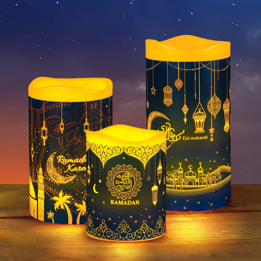 3 Pieces Eid Mubarak Flameless LED Candles Lights Eid Decor Candle Lights with Timer Warm White Battery Operated Electric Led Muslim Ramadan Candle Lights for Party Supplies Home Decor