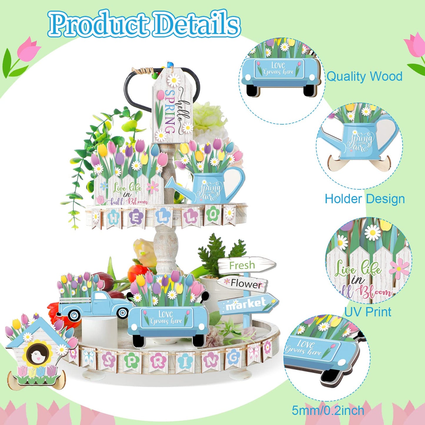 Bucherry Hello Spring Tiered Tray Decor Tulips Table Wooden Sign Decorations Flower Market Tabletop Rustic Farmhouse Decor for Spring Holiday Party Home Kitchen (Tulip Style)