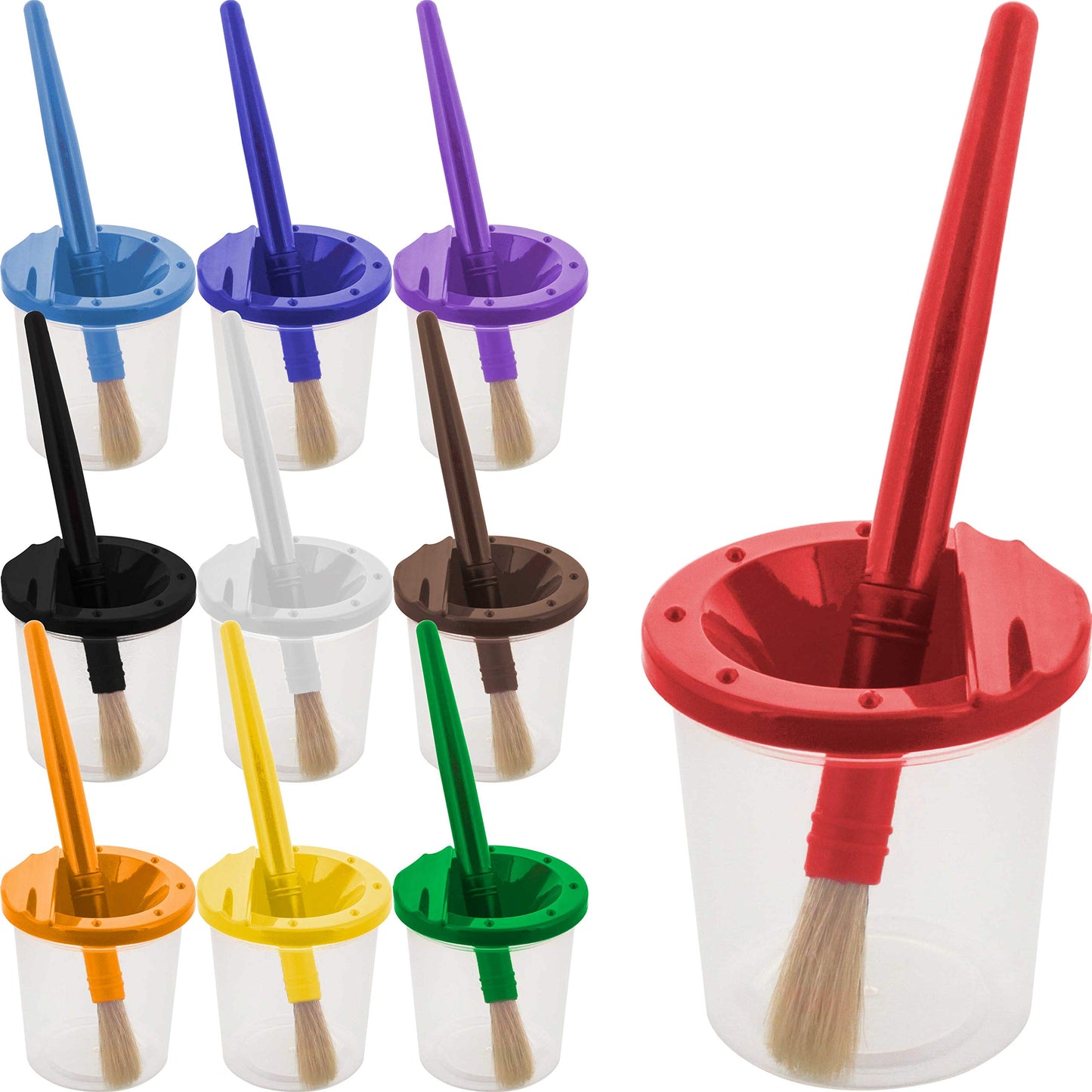 U.S. Art Supply 10 Piece Children's No Spill Paint Cups with Colored Lids and 10 Piece Large Round Brush Set with Plastic Handles