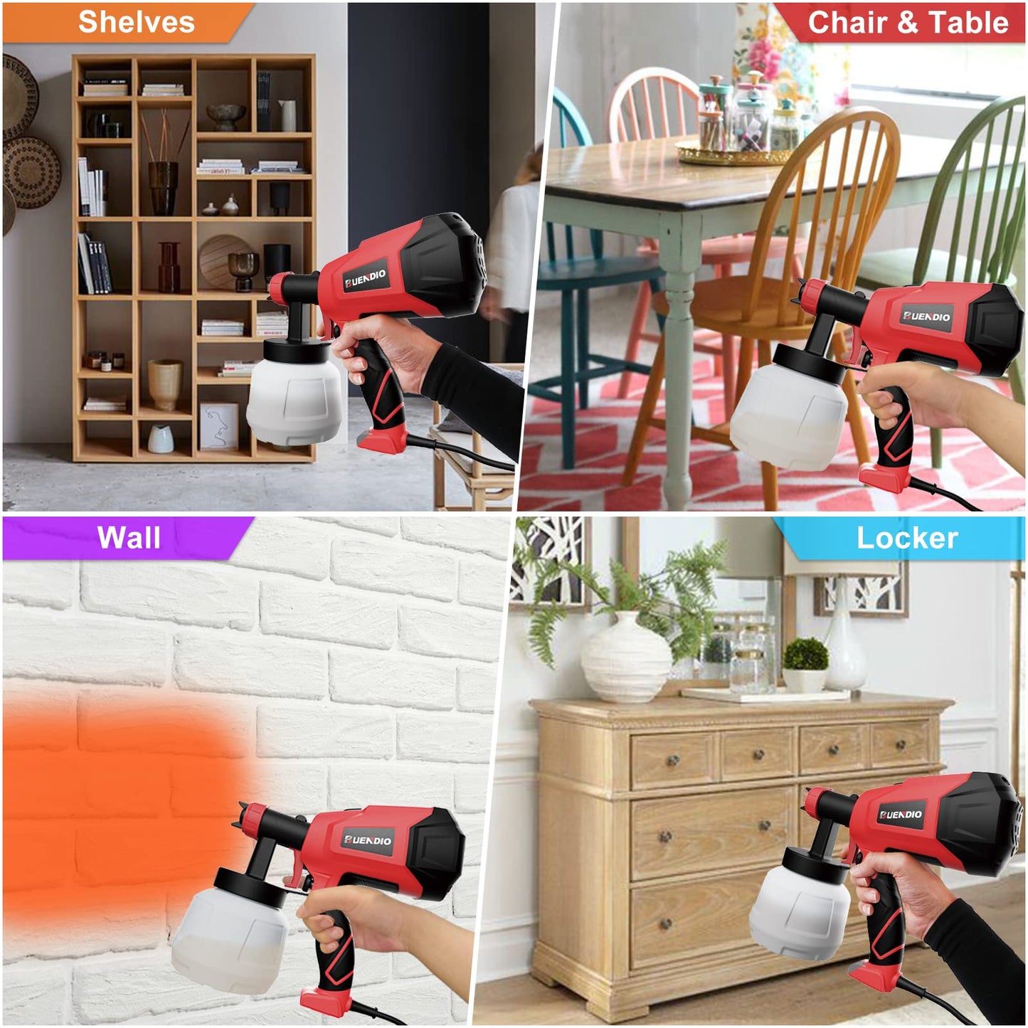 BUENDIO Paint Sprayer, 700W High Power, 5 Copper Nozzles & 3 Patterns, Easy to Clean, HVLP Spray Gun for Furniture, Cabinets, Fence, Garden Chairs, Walls, DIY Works etc. TPX01 Red
