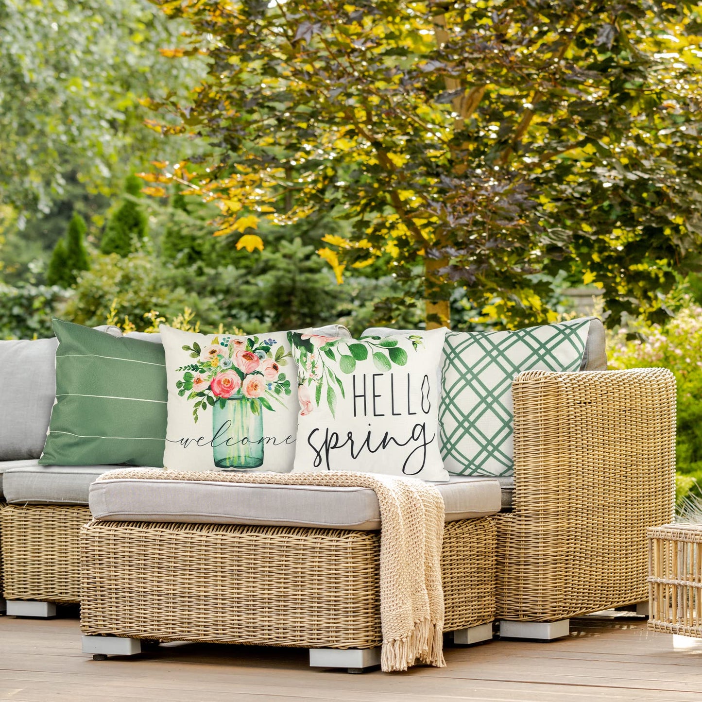 YGEOMER Spring Pillow Covers 18x18 Set of 4, Spring Summer Farmhouse Throw Pillow Cover Green Garden Linen Cushion Case for Home Decor