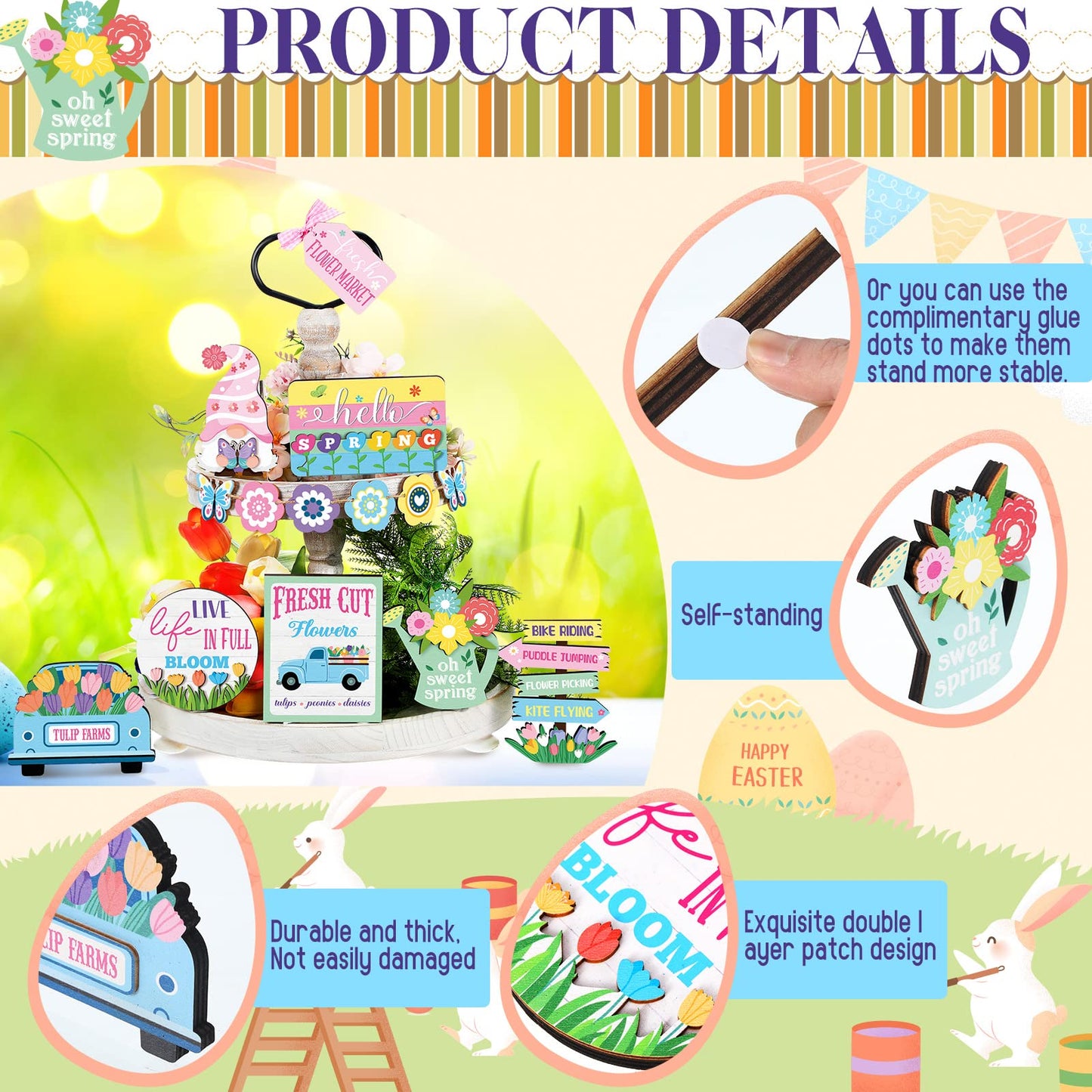 14 Pieces Hello Spring Tiered Tray Easter Decorations Fresh Flower Market Wooden Sign Farmhouse Rustic Wood Mini Tiered Tray for Spring Home Decor