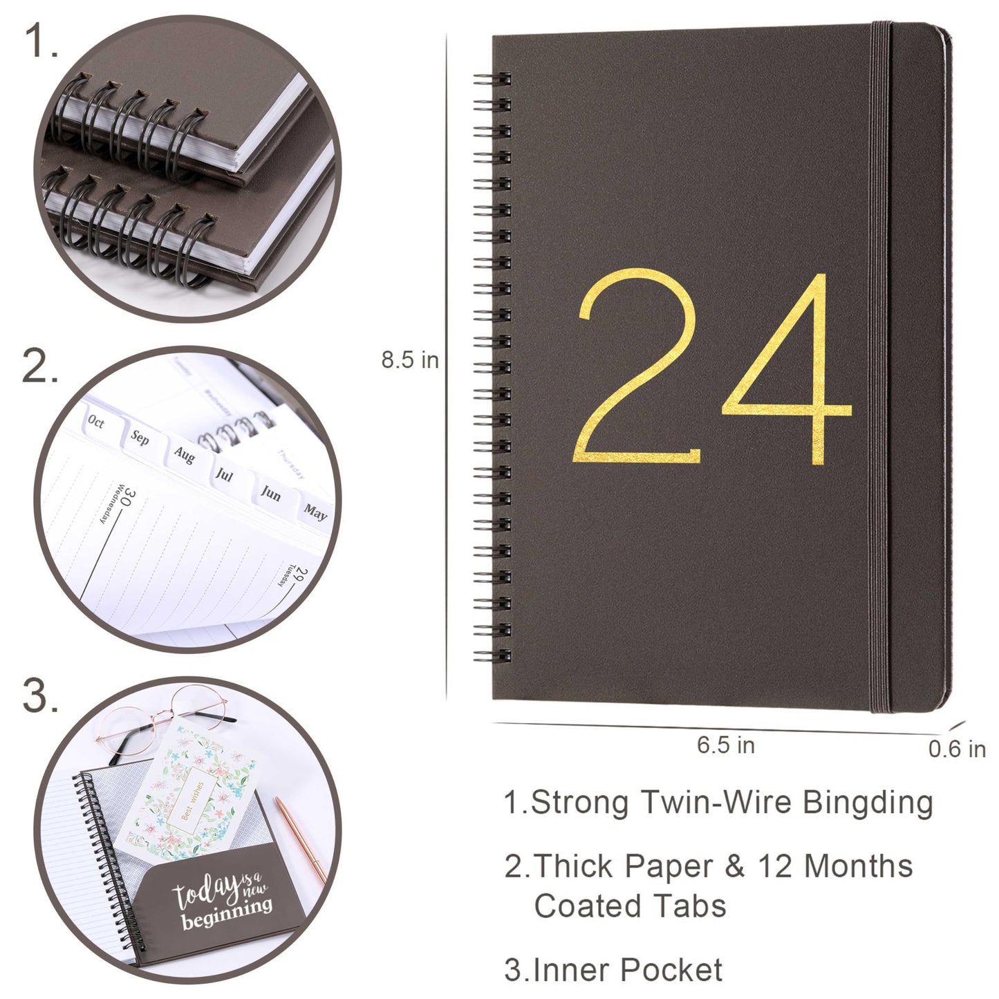 2024 Planner - Weekly Monthly Planner 2024 from January 2024 to December 2024, 6.45" x 8.45", Flexible Cover with Twin-Wire Binding, Tabs