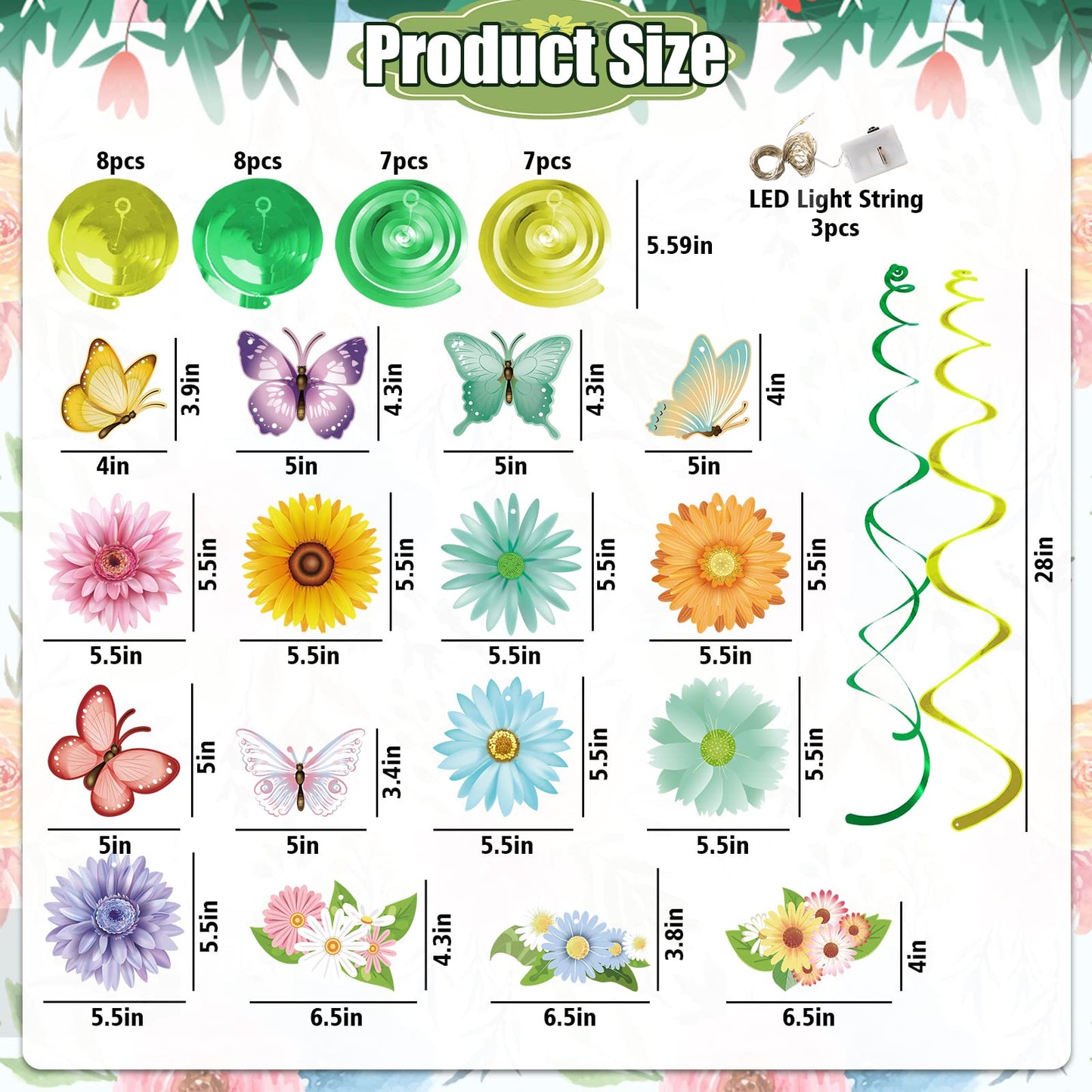 VABAMNA 33pcs Spring Hanging Decorations for Home - Flower Butterfly Hanging Swirls with Led Lights for Spring Summer Easter Flower Butterfly Themed Birthday Party Decorations