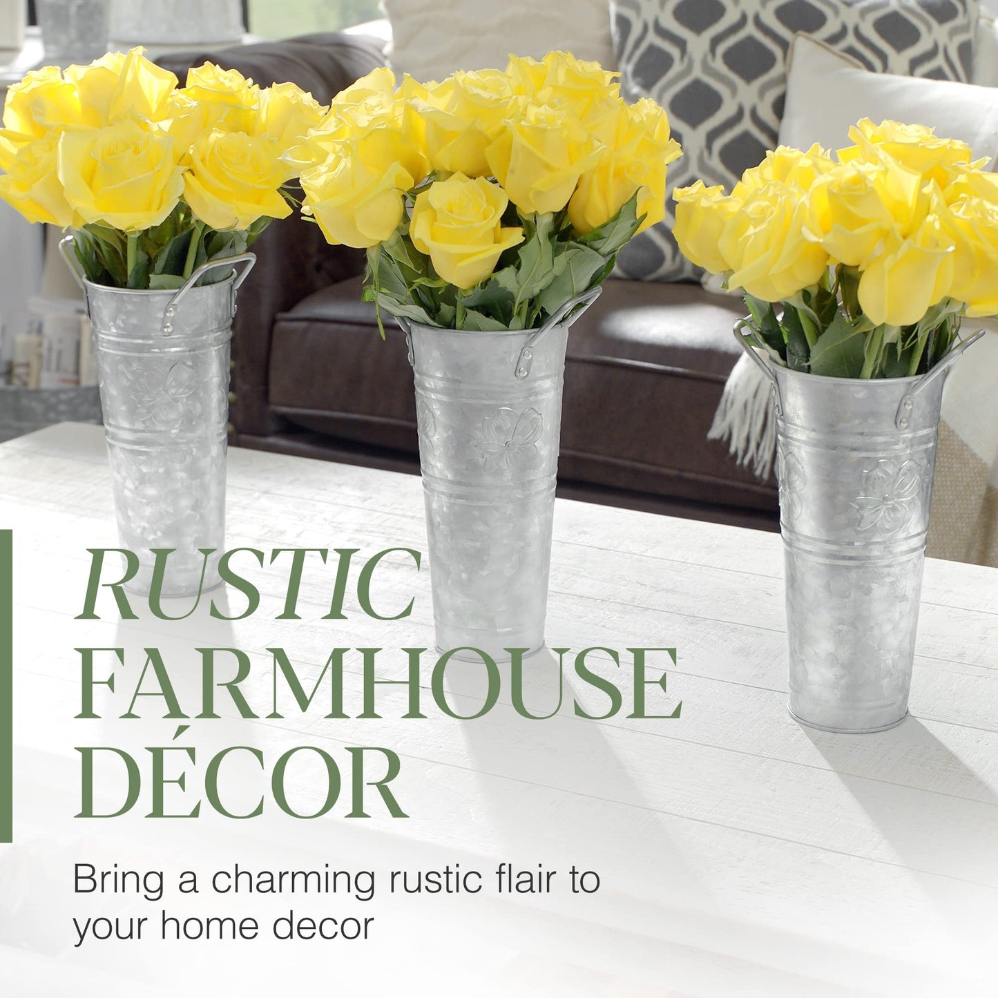 WH Galvanized Metal Farmhouse Flower Vases 9 Inch, Set of 3 - Rustic Decorative French Flower Bucket Pots for Wedding Table Centerpiece Decorations, Home Decor by Walford Home