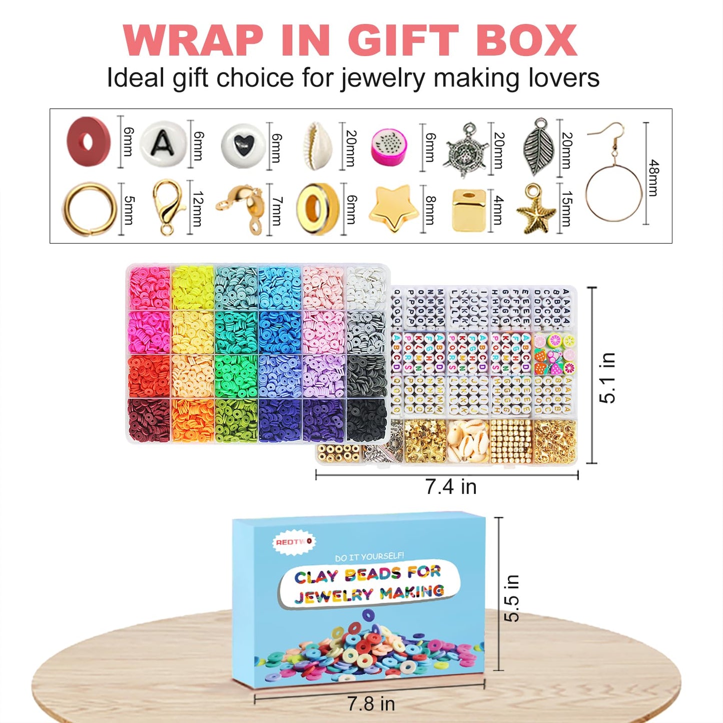 Redtwo 7200 Pcs Clay Beads Bracelet Making Kit, Preppy Friendship Flat Polymer Heishi Beads Jewelry Kits with Charms and Elastic Strings,Crafts Gifts Set for Girls Ages 8-12(2 Boxes)