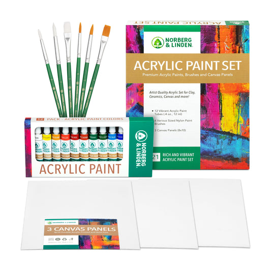 Norberg & Linden Acrylic Paint Set - Canvas and Acrylic Paint Sets for Adults, Teens, Kids - Includes 12 Vivid Colors, 3 Painting Canvas Panels & 6 Assorted Brushes