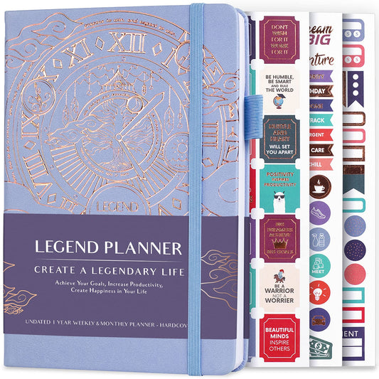 Legend Planner – Deluxe Weekly & Monthly Life Planner to Hit Your Goals & Live Happier. Organizer Notebook & Productivity Journal. A5 Hardcover, Undated – Start Any Time + Stickers – Periwinkle Gold