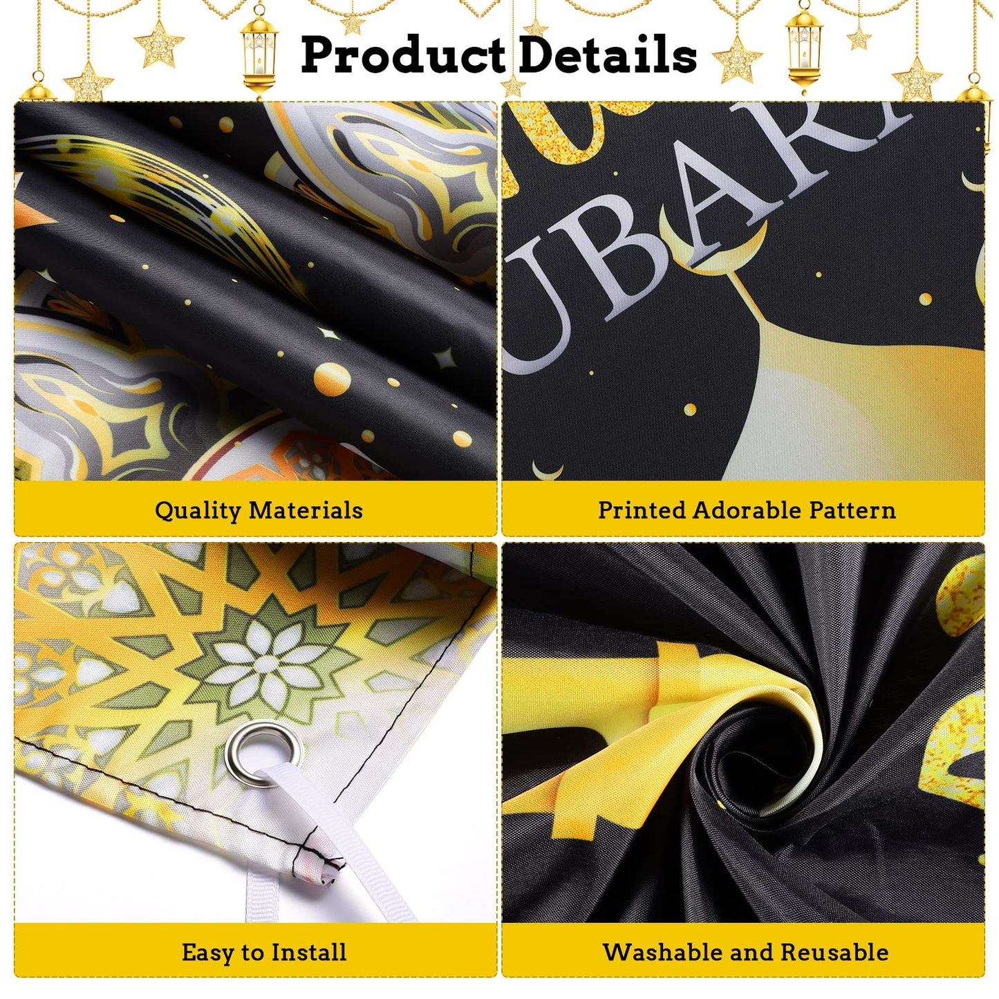 Ramadan Mubarak Decorations Backdrop Banner Muslim Kareem Background Eid Sign Photo Booth for Home Al Fitr Party Supplies (Black)