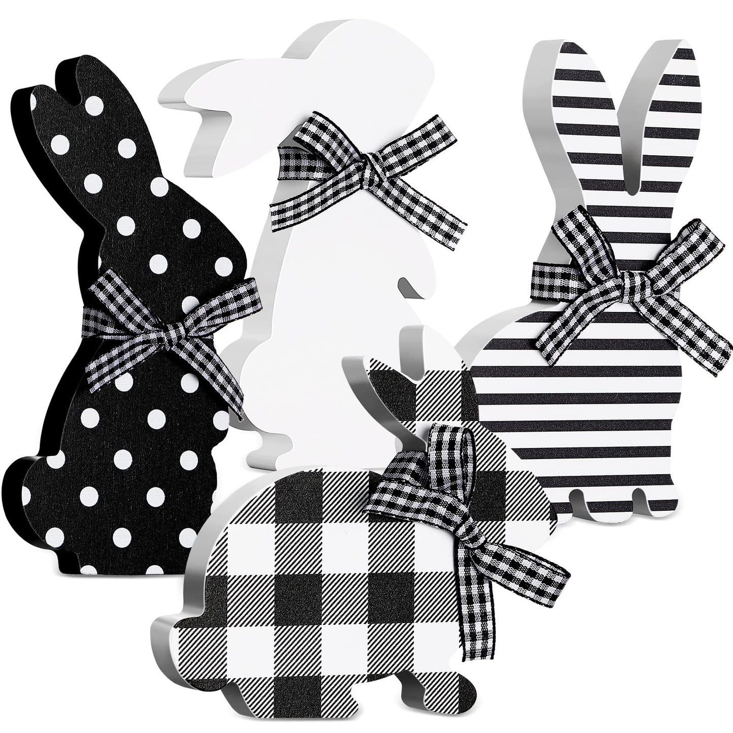 4 Pcs Easter Bunny Table Wooden Signs Bunny Shaped Farmhouse Decor Spring Bunny Wood Tabletop Easter Decorations Easter Bunny Dining Room Table Decor Sign Bunny Decor with Rope (Striped)