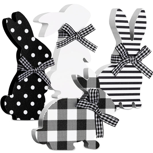 4 Pcs Easter Bunny Table Wooden Signs Bunny Shaped Farmhouse Decor Spring Bunny Wood Tabletop Easter Decorations Easter Bunny Dining Room Table Decor Sign Bunny Decor with Rope (Striped)