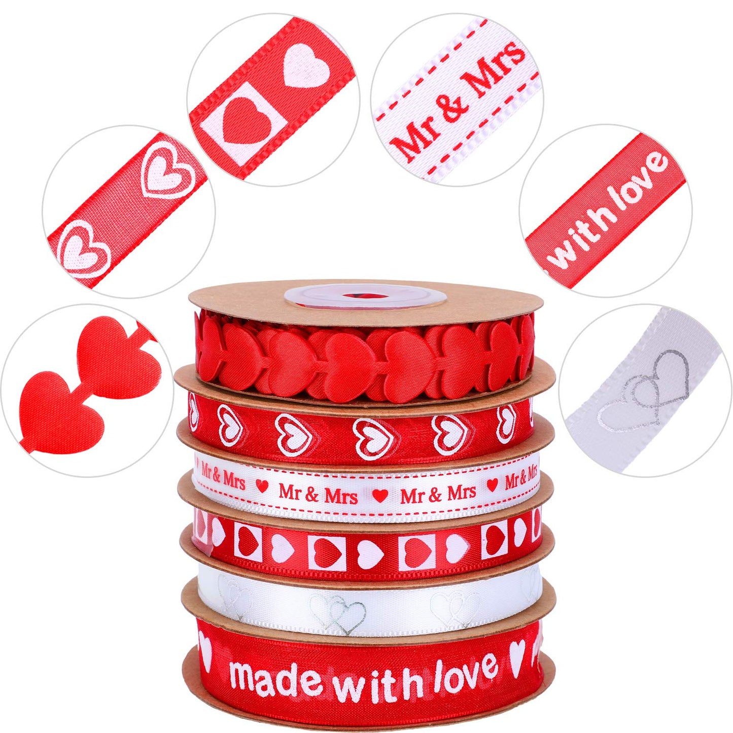 Zhanmai 6 Pieces Valentine's Day Ribbons Printed Heart Wired Ribbons Craft Satin Ribbons for Gift Wrapping DIY Supplies