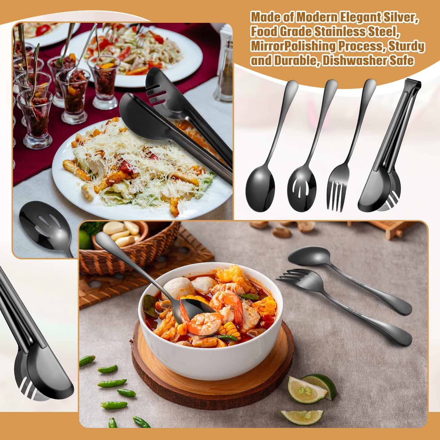 Patelai Stainless Steel Serving Utensils Large Serving Spoon Set 9.45 Inch Metal Tongs 9 Inch Serving Forks 8.7 Inch Slotted Spoons and Serving Spoon Kitchen Wedding Party (Black,15 Pieces)