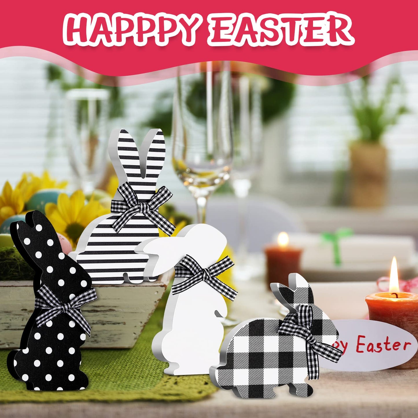 4 Pcs Easter Bunny Table Wooden Signs Bunny Shaped Farmhouse Decor Spring Bunny Wood Tabletop Easter Decorations Easter Bunny Dining Room Table Decor Sign Bunny Decor with Rope (Striped)