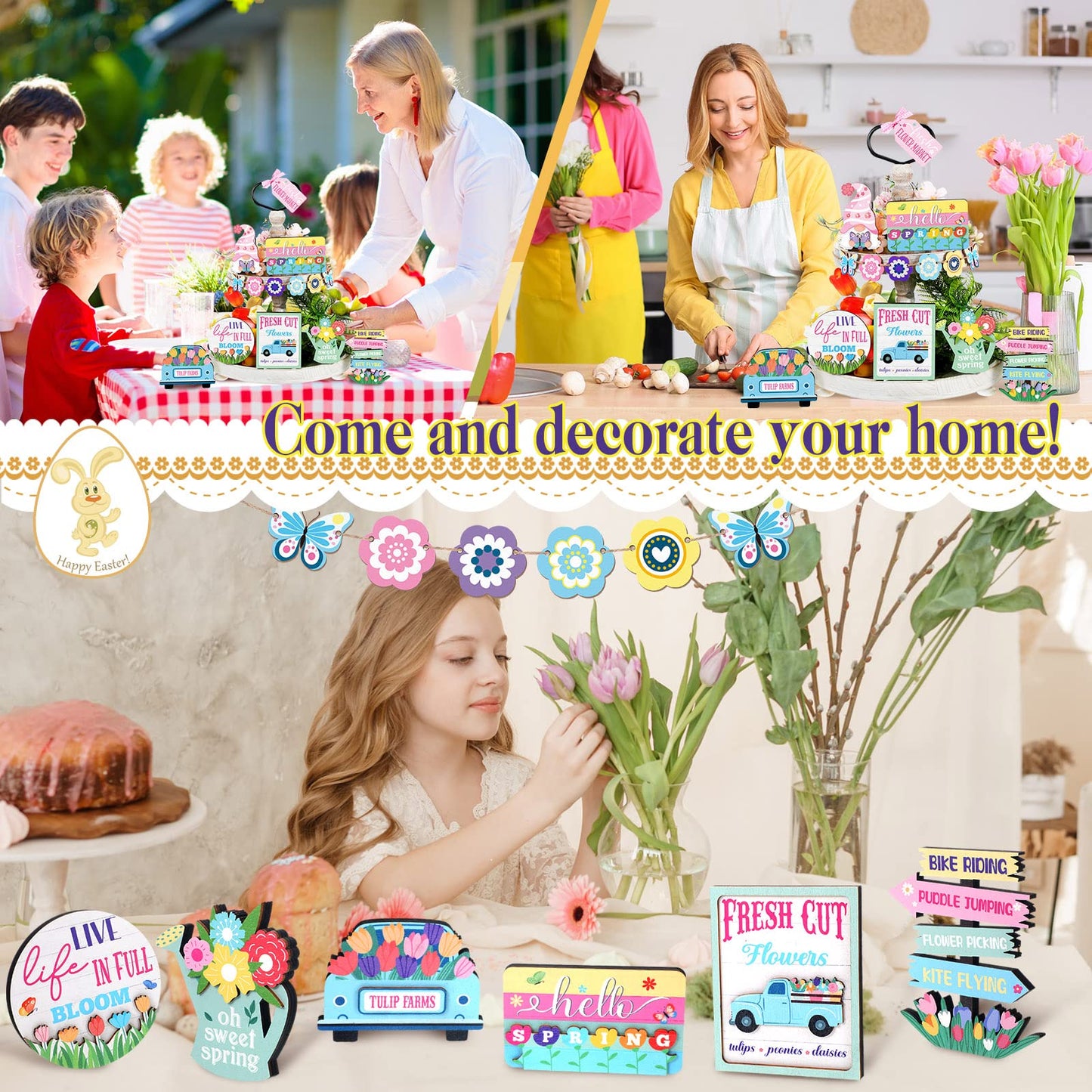 14 Pieces Hello Spring Tiered Tray Easter Decorations Fresh Flower Market Wooden Sign Farmhouse Rustic Wood Mini Tiered Tray for Spring Home Decor