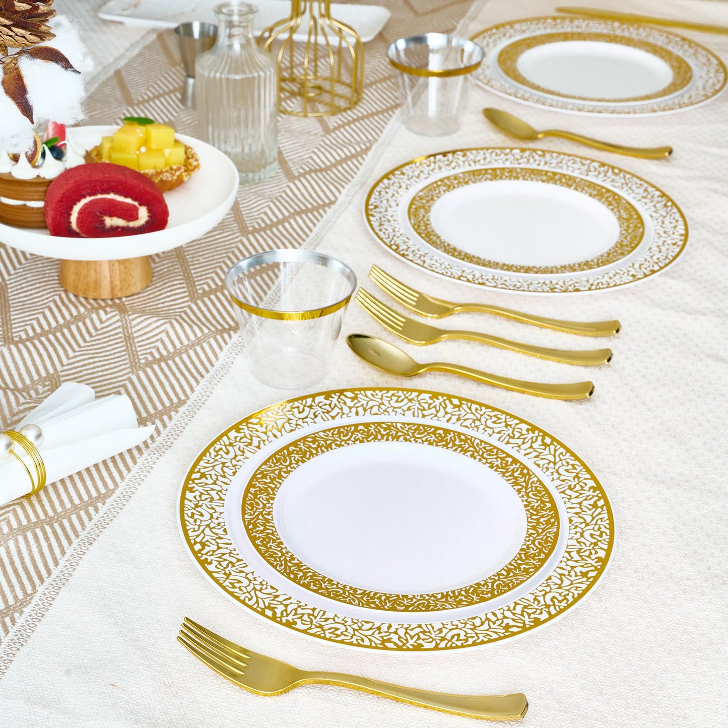 150 Count Gold Dinnerware Set, Elegant Plastic Plates Disposable Include: 25 Gold Lace Plastic Plates, 25 Dessert Plates, 25 Forks, 25 Knives, 25 Spoons, 25 Cup, Ideal for Party, Birthday