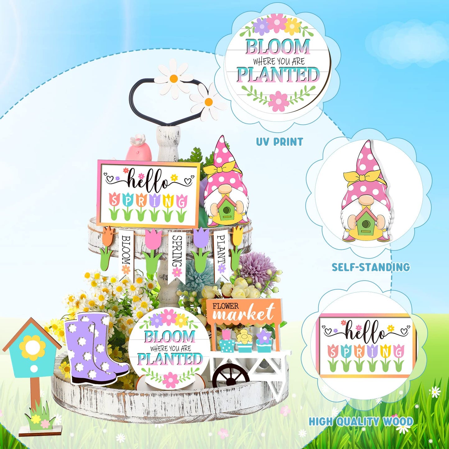 Jetec 12 Pcs Spring Tiered Tray Decor Wooden Gnomes Flowers Plants Tabletop Trays Signs Spring Summer Fall Tiered Tray Items for Home Farmhouse Rustic Kitchen Decorations (Spring)