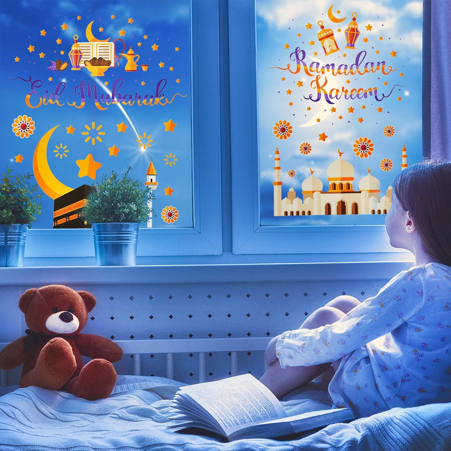 80 Pieces Ramadan Window Clings Eid Mubarak Window Stickers Static Ramadan Kareem Window Decals Removable Window Cling Decorations for Ramadan Mubarak Party Classroom Supply, 9 Sheets