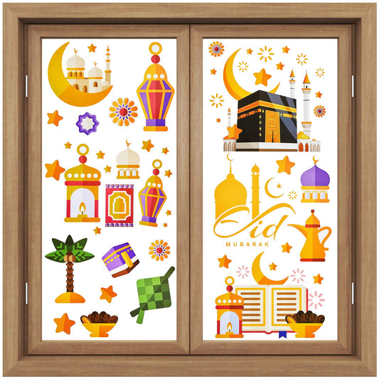 80 Pieces Ramadan Window Clings Eid Mubarak Window Stickers Static Ramadan Kareem Window Decals Removable Window Cling Decorations for Ramadan Mubarak Party Classroom Supply, 9 Sheets