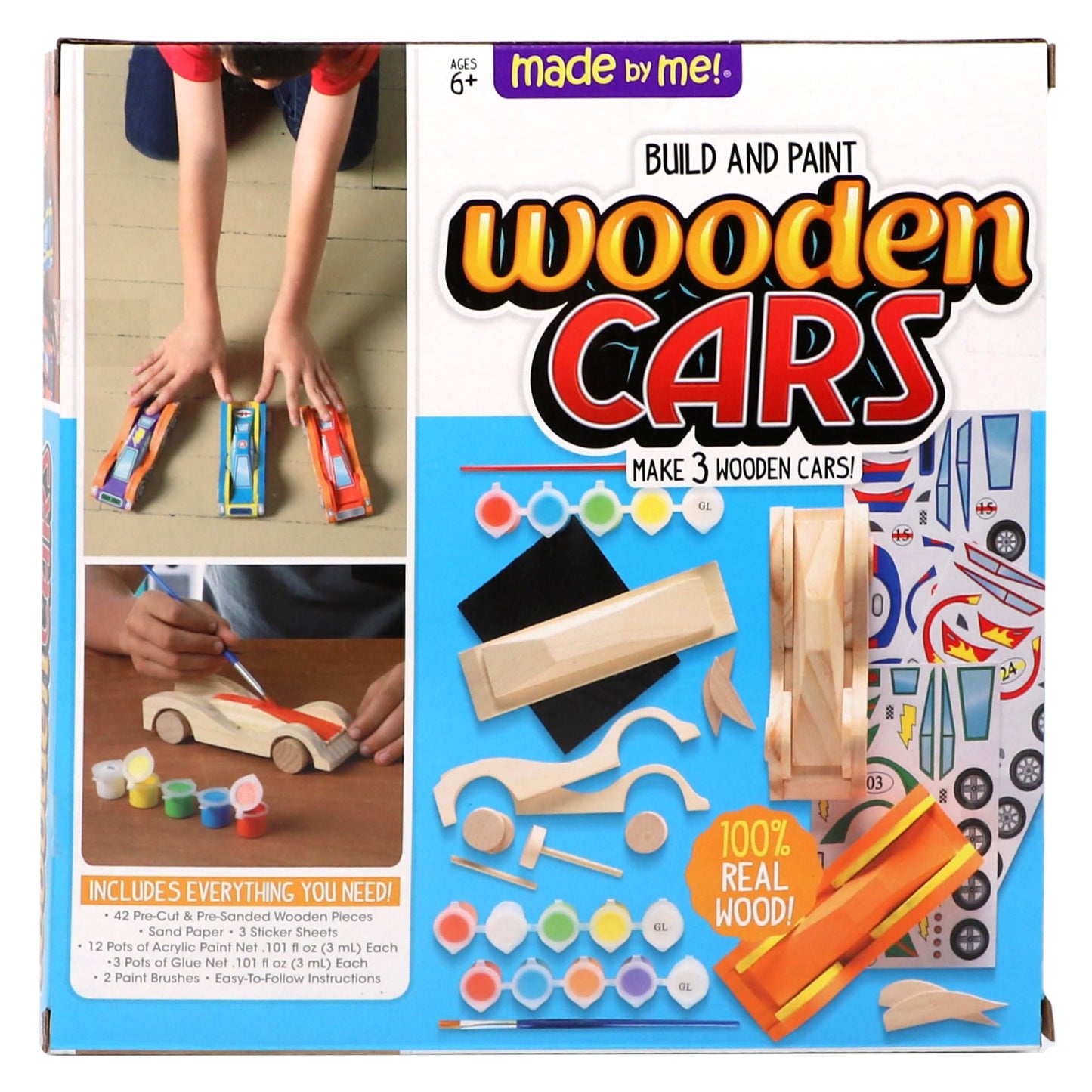 Made By Me Build & Paint Your Own Wooden Cars - DIY Wood Craft Kit, Easy To Assemble and 3 Race – Arts Crafts Kit for Kids Ages 6 And Up, Multicolor, Medium