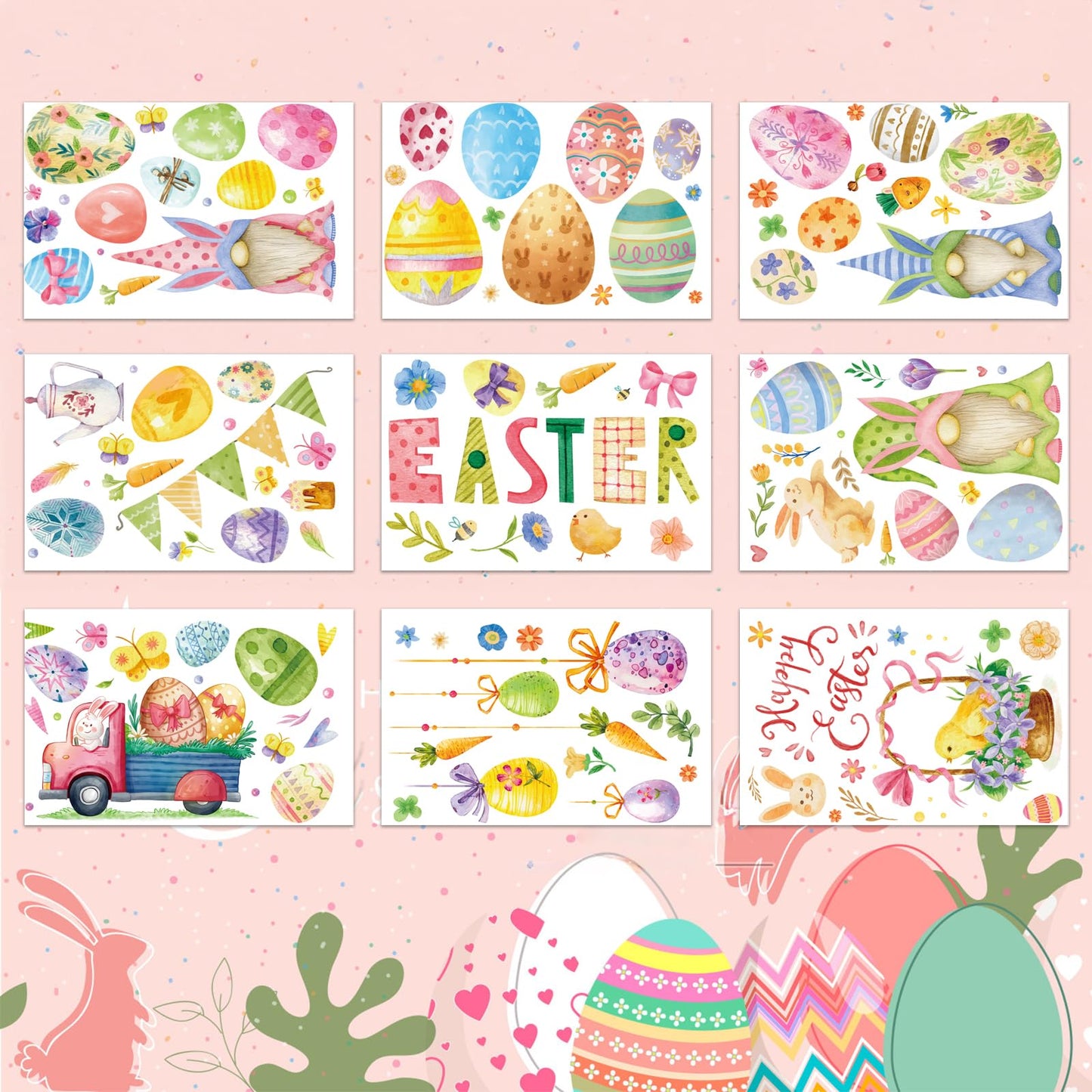 Easter Decorations Window Clings Decals Decor, 9 Sheets Large Easter Eggs Flowers Bunny Party Supplies Gifts, Double Sided Spring Window Clings Decorations for Kids School Home Office
