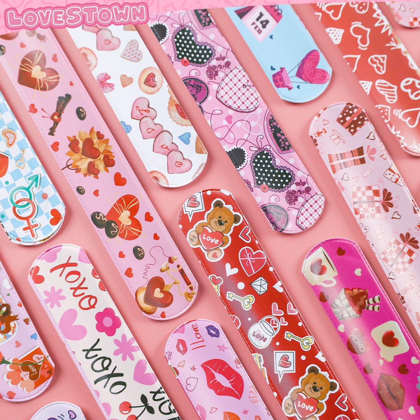 LovesTown 48PCS Valentines Day Slap Bracelets, Red Slap Wristbands Assorted Valentine Snap Bracelets for Kids Gift Exchange Valentine Party Favors