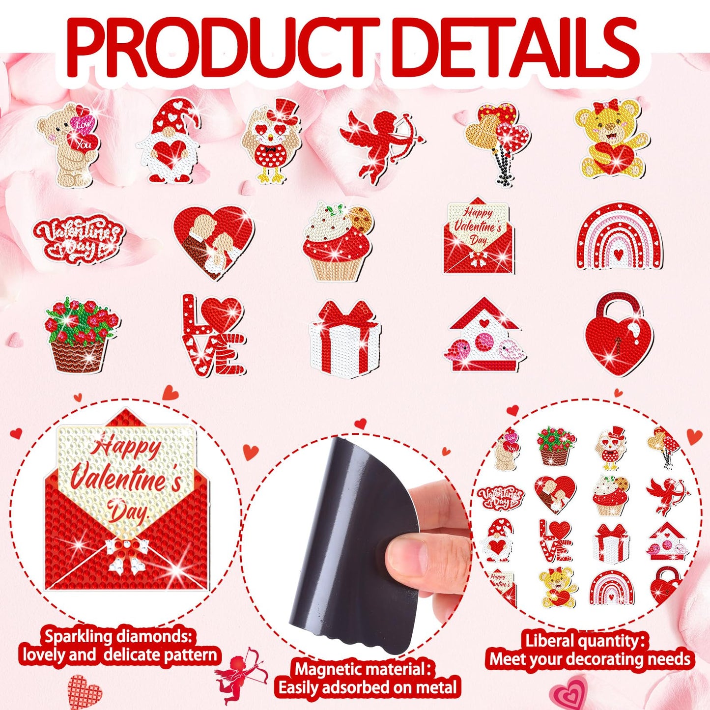 Umigy 16 Pcs Valentine's Day Diamond Painting Magnets for Refrigerator Heart Love Gnome Diamond Art Magnets DIY Red Valentines Day Diamond Painting Kits Diamond Art for Adults Kids Crafts Gifts