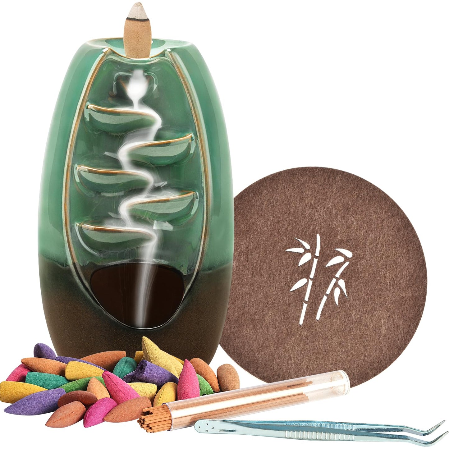 Ronlap Backflow Incense Burner, Ceramic Waterfall Incense Burner Holder with 120 Incense Cones and 30 Incense Sticks Incense Fountain Smoke Waterfall for Meditation Zen Spiritual Room Home Decor, Cyan