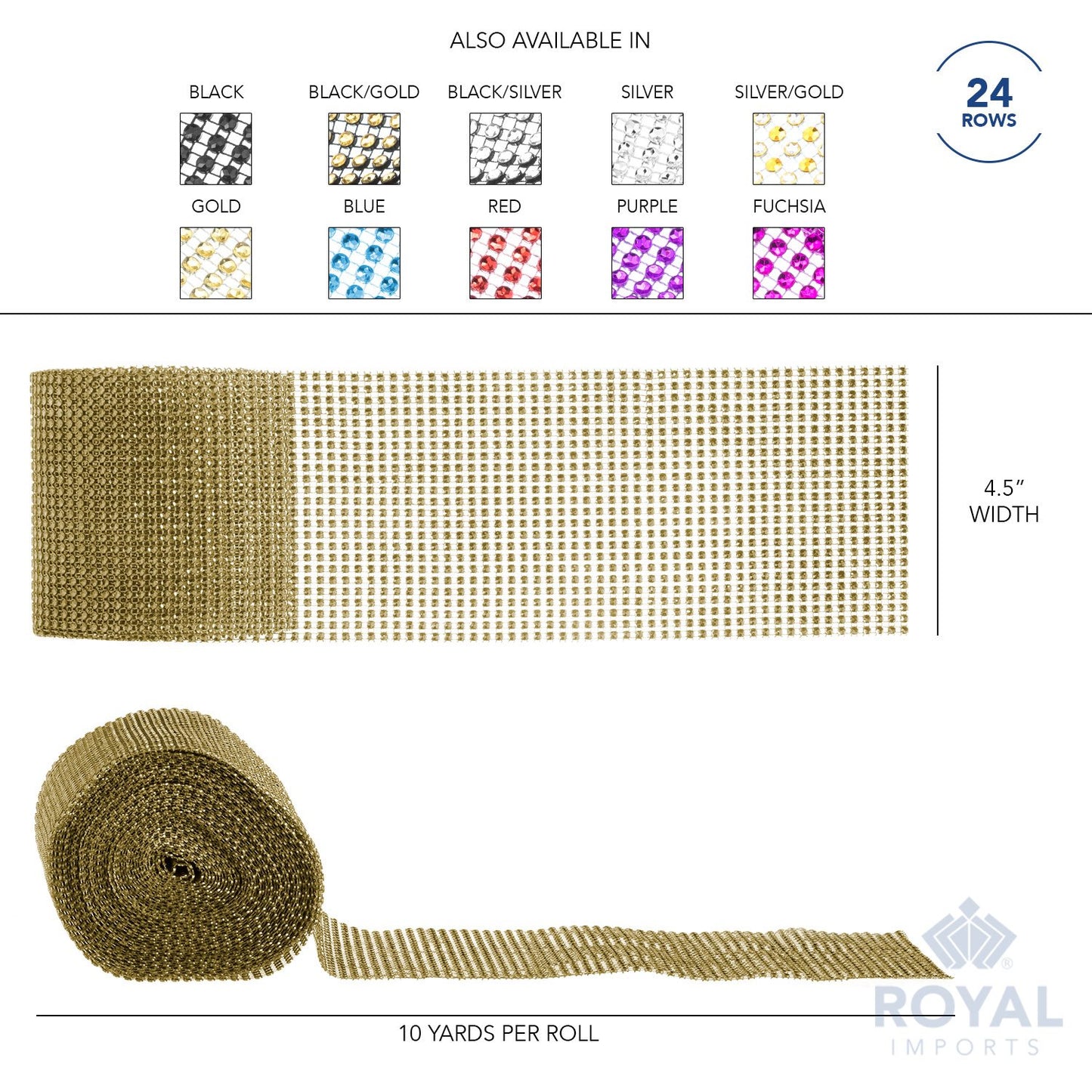 Royal Imports Diamond Sparkling Rhinestone Bling Wrap Ribbon Bulk DIY Roll - Event Decorations, Wedding Cake, Bridal/Baby Shower, Birthday, Arts & Crafts, Party Decorations - 30 Ft - 1 Roll - Gold