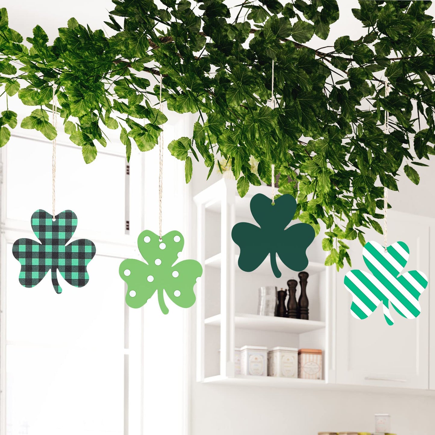 24 Pcs St Patricks Day Decorations Shamrocks Wooden Ornaments Wooden Shamrocks Clover Ornament Shamrock Wooden Cutouts Hanging Ornament with Rope for St Patrick's Day Tree Table Decor (Simple Style)