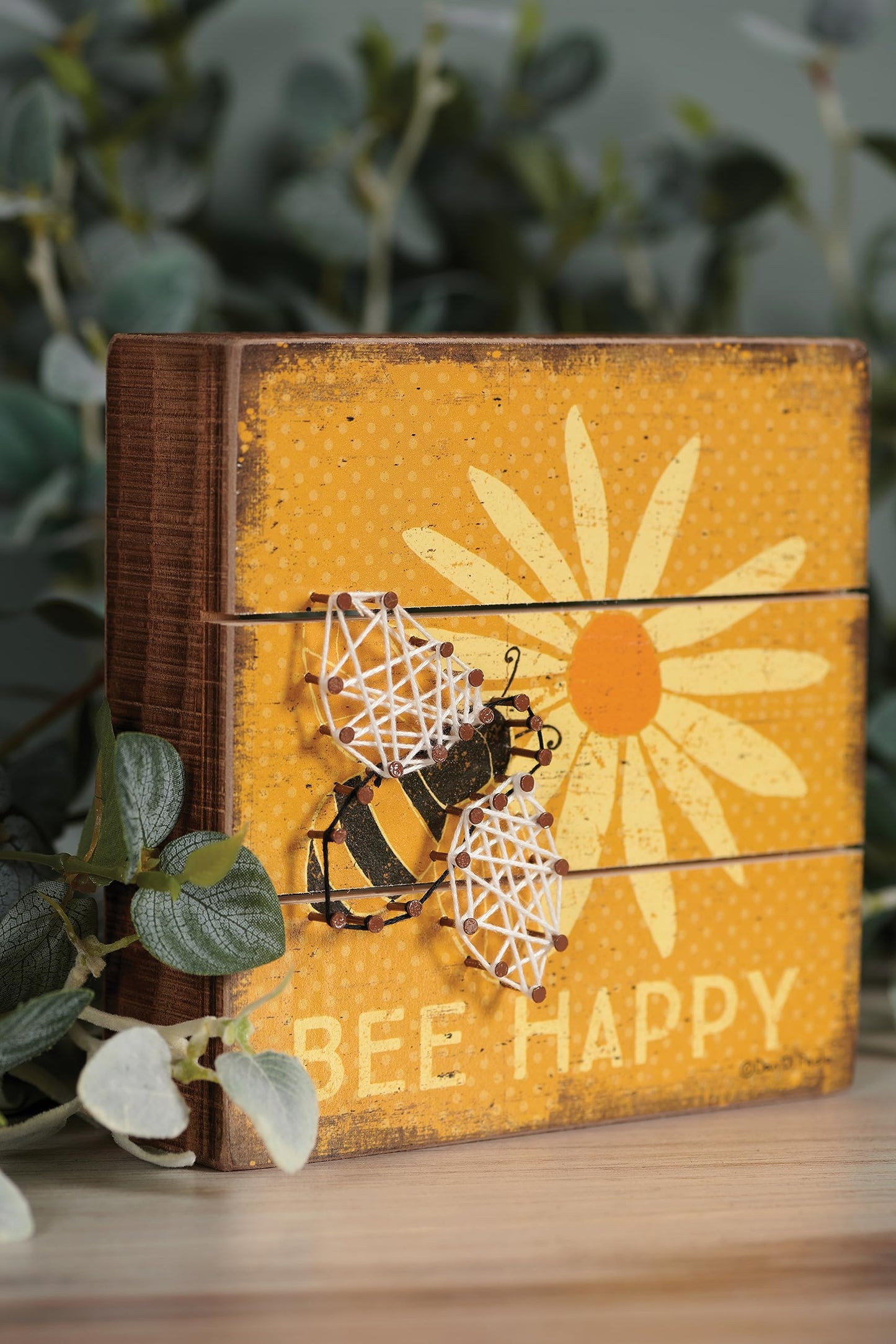 "Primitives by Kathy Slat String Art Box Sign, 6"" x 6"", Bee Happy" (35313)