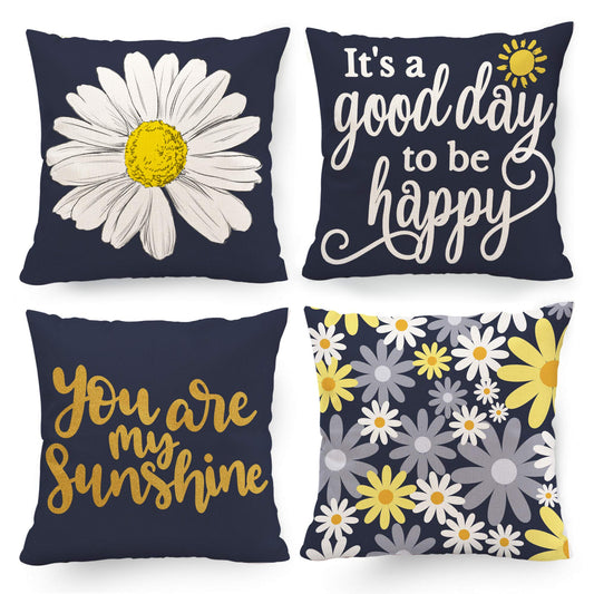 Hexagram Decorative Dark Blue Pillow Covers 16x16 Inch Set of 4, Spring Summer Decorations for Home Sunflower Decor Pillows Blue Pillow Covers for Couch Sofa Indoor Outdoor Spring Summer Decor