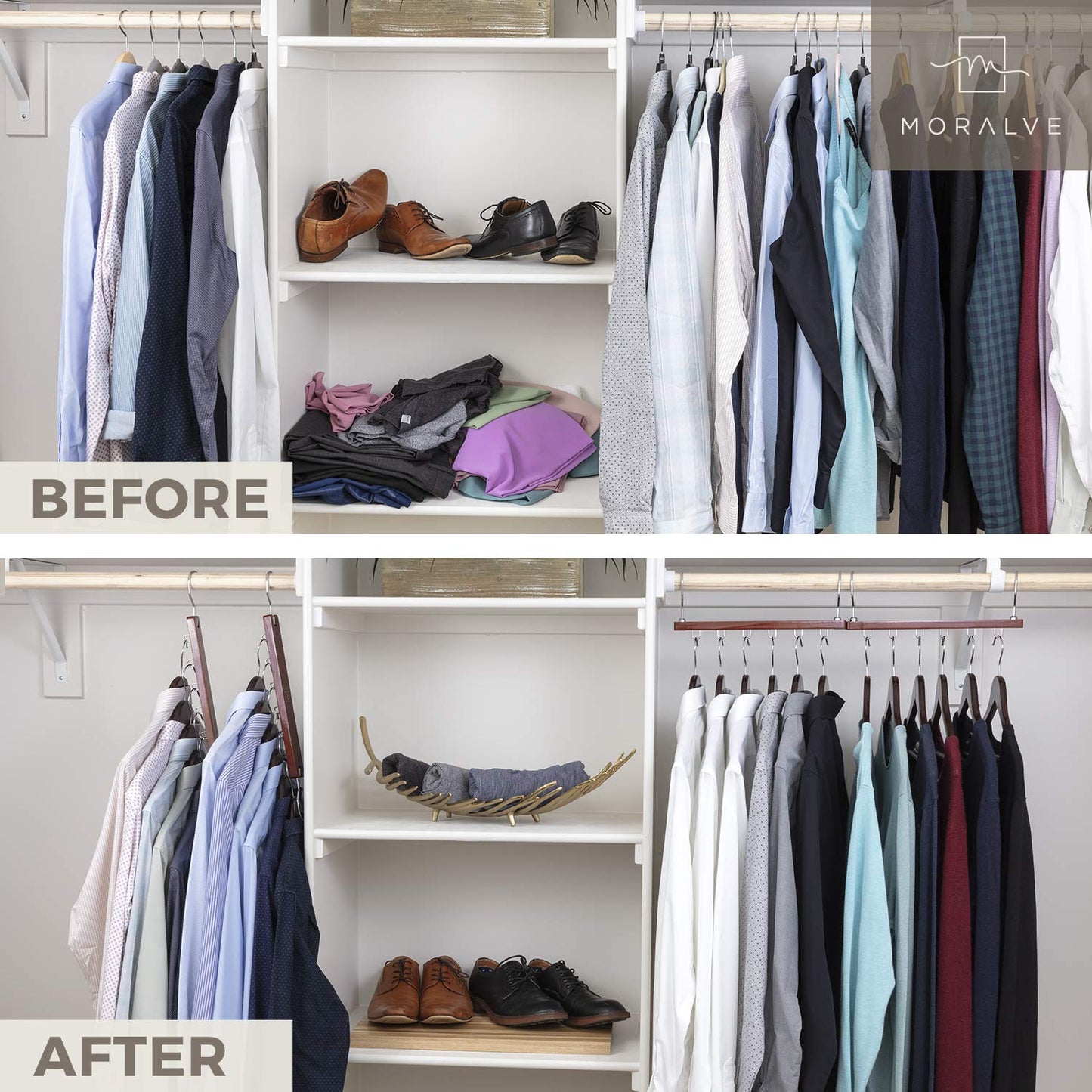 MORALVE Space Saving Hanger for Closet Organizer - 4 Pack European Beechwood Shirt Organizer for Closet - Space Saver Hangers for Clothes - Closet Clothes Organizer Space Saving Collapsible Hanger