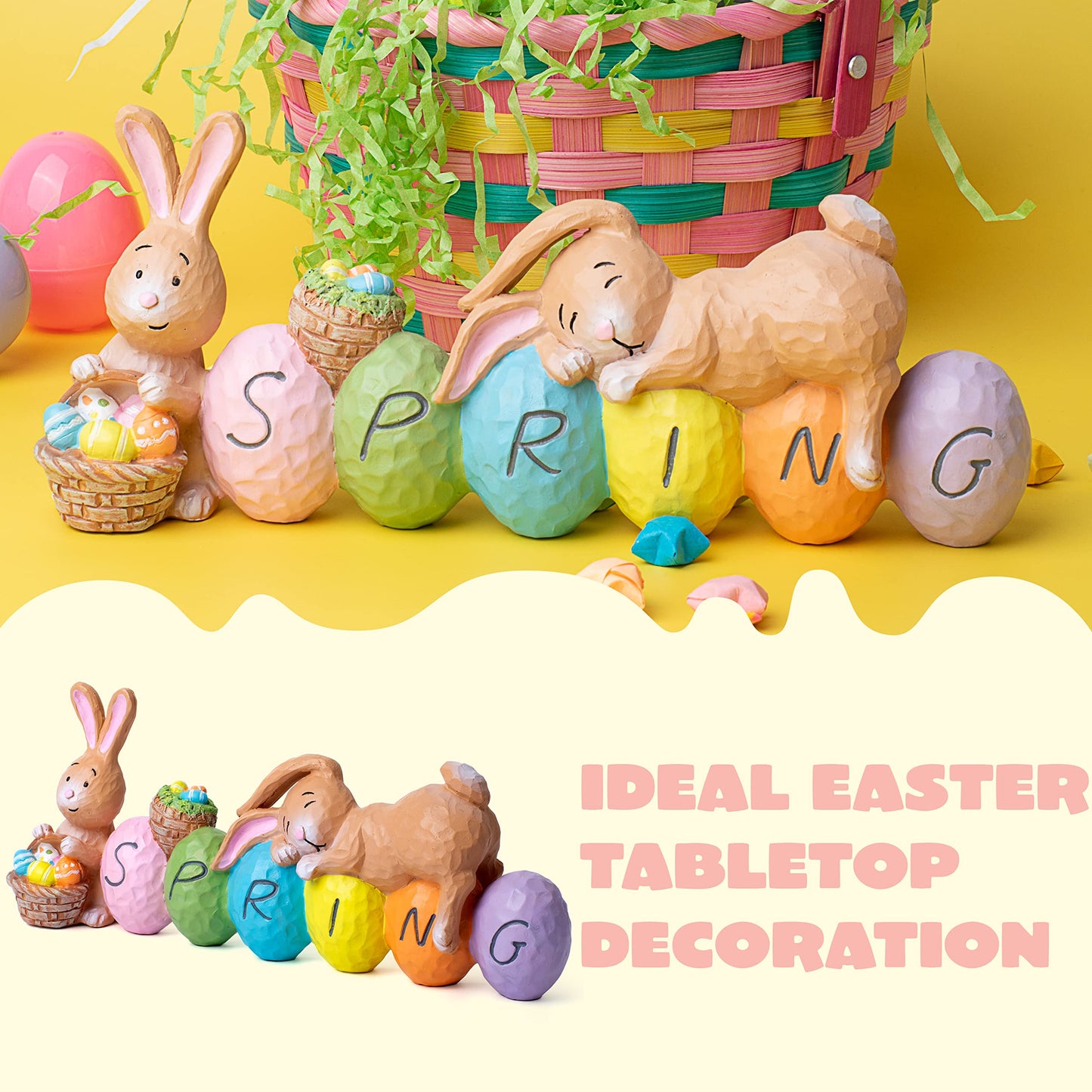 JOYIN Easter Bunny Resin Centerpiece Indoor Decoration with The Word Spring Tabletop & Egg Easter Figuring for Home and Office Decor