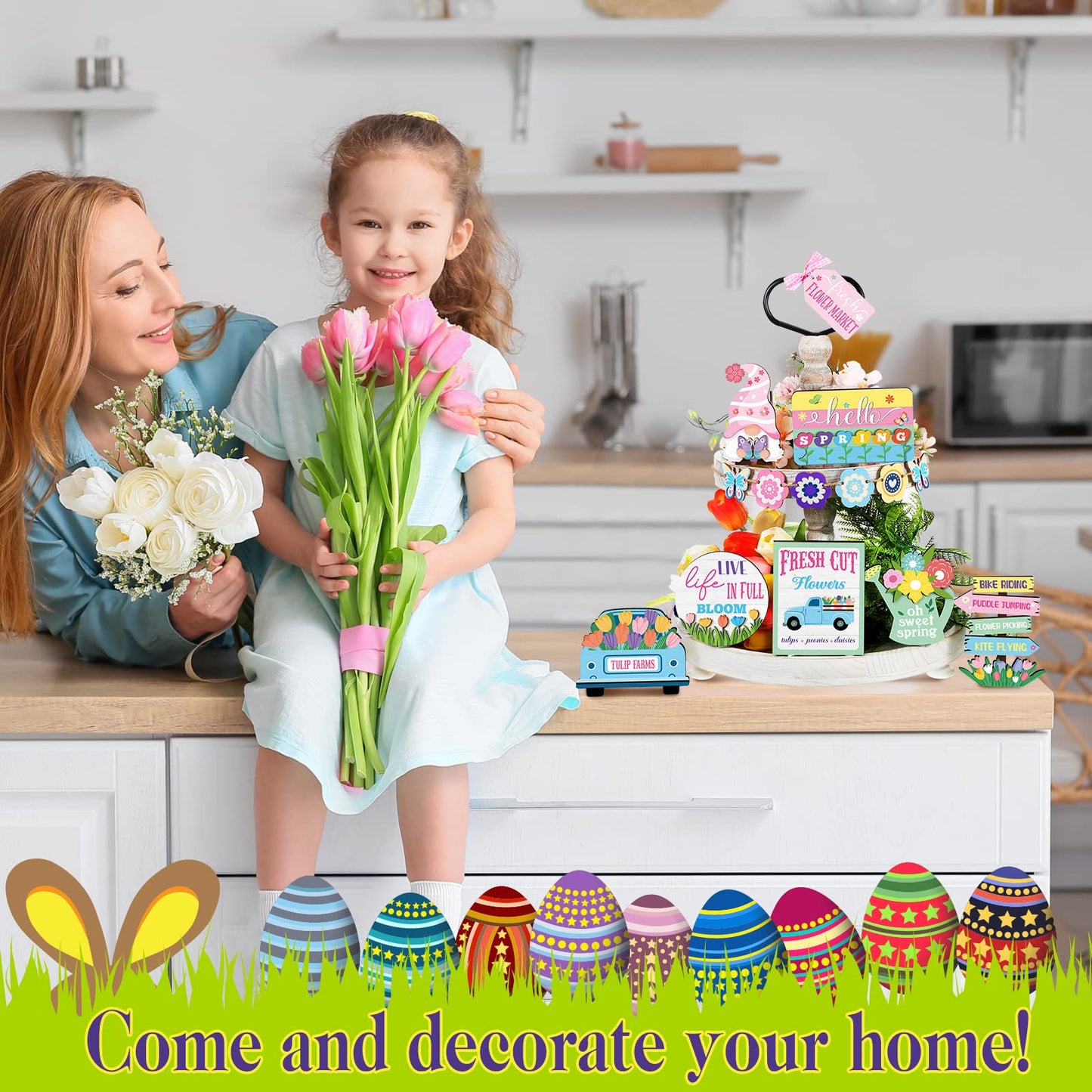 14 Pieces Hello Spring Tiered Tray Easter Decorations Fresh Flower Market Wooden Sign Farmhouse Rustic Wood Mini Tiered Tray for Spring Home Decor