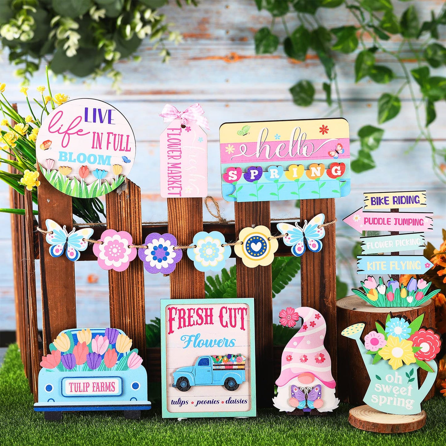 14 Pieces Hello Spring Tiered Tray Easter Decorations Fresh Flower Market Wooden Sign Farmhouse Rustic Wood Mini Tiered Tray for Spring Home Decor