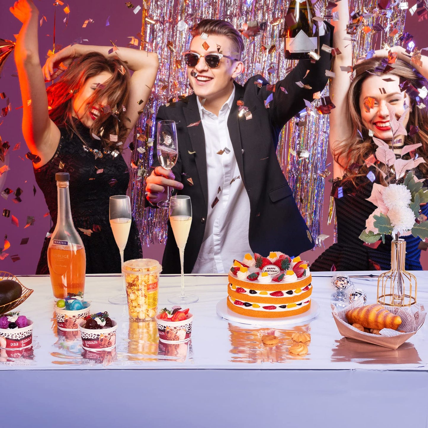 Foil Party Rectangular Table Covers Table Cloth 54 x 108 Inch Shiny Plastic Waterproof Tablecloth Party Table Cover for Wedding Anniversary Engagement Party (Silver, 3 Pieces)