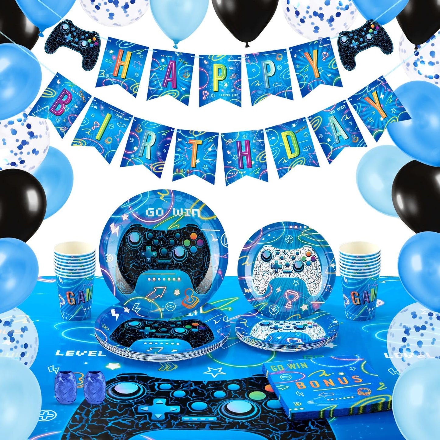 Video Game Party Supplies Set - 88 PCS Gamer Birthday Party Decorations for Kids Boys Family Gaming Night Tableware Set Happy Birthday Banner Tablecloth Plates Napkins Cups Balloons Serves 16 Guests