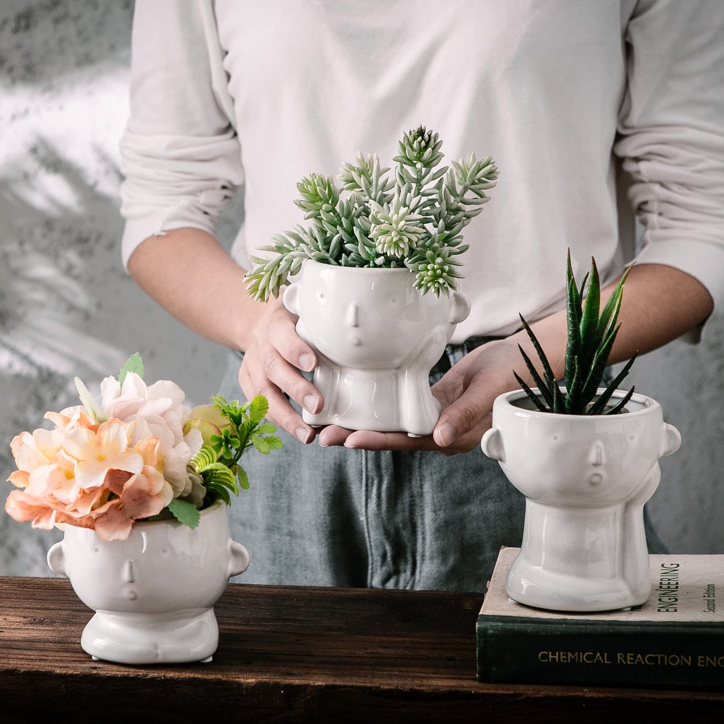 Tenforie Ceramic Flower Pot Modern Style Vase Cute Fleshy Flower Vase Supporting Cheek Vase Mini Ceramic Plants Containers for Home Office, No Plant-3 Pack